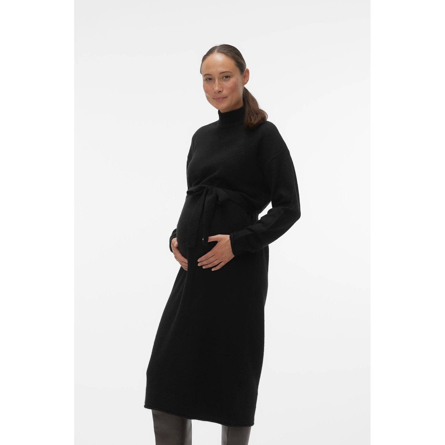 VERO MODA MATERNITY gebreide zwangerschapsjurk VMMKADEN met ceintuur zwart Dames Gerecycled dons Opstaande kraag S