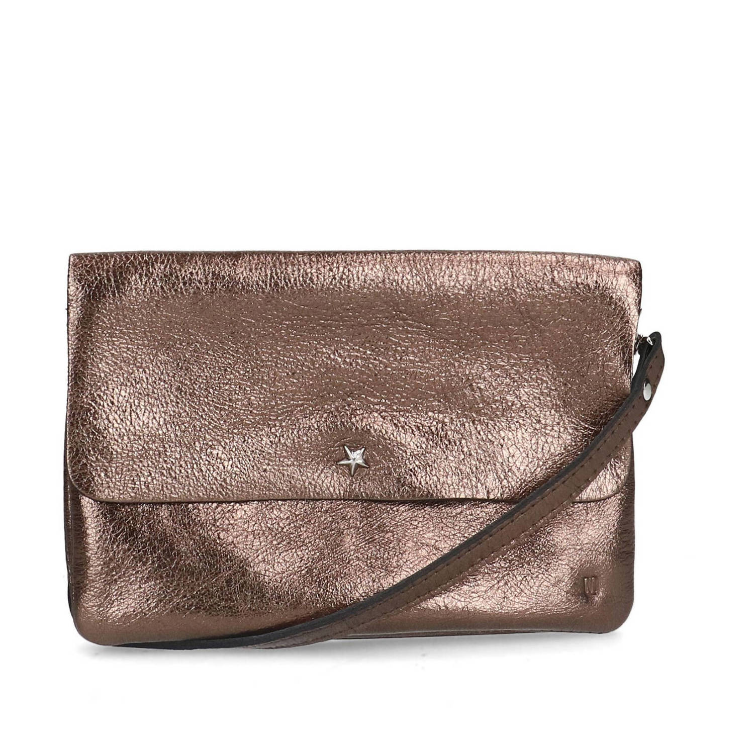 Manfield metallic leren crossbody tas bronskleurig Kledingwinkel.nl