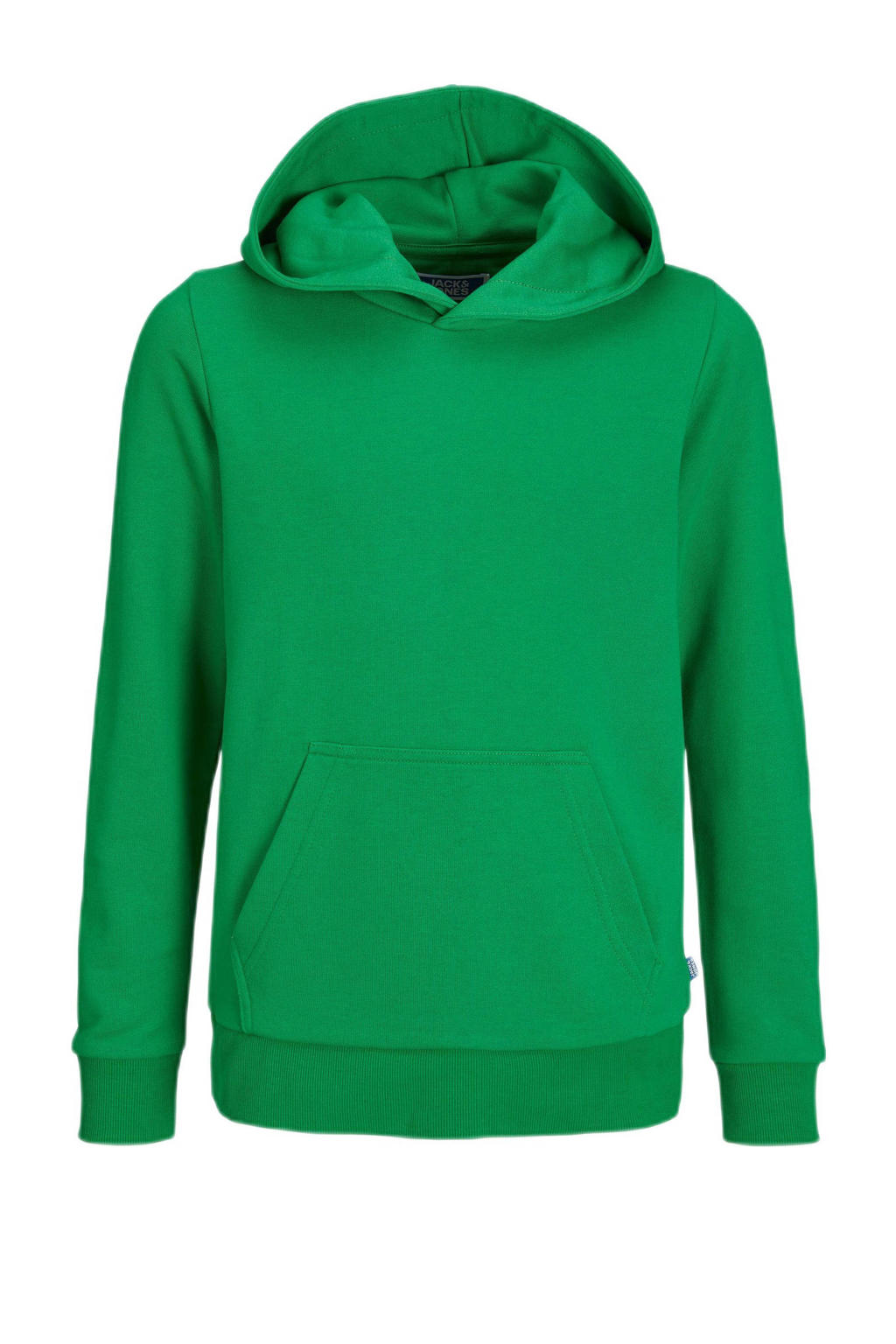 Groene jongens JACK & JONES JUNIOR hoodie van sweat materiaal met effen, lange mouwen, capuchon en geribde boorden