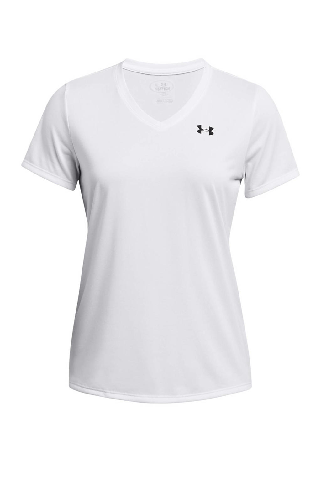 Witte dames Under Armour sportshirt Tech van polyester met effen, korte mouwen en V-hals