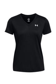 thumbnail: Zwart en witte dames Under Armour sportshirt Tech van polyester met effen, korte mouwen en V-hals