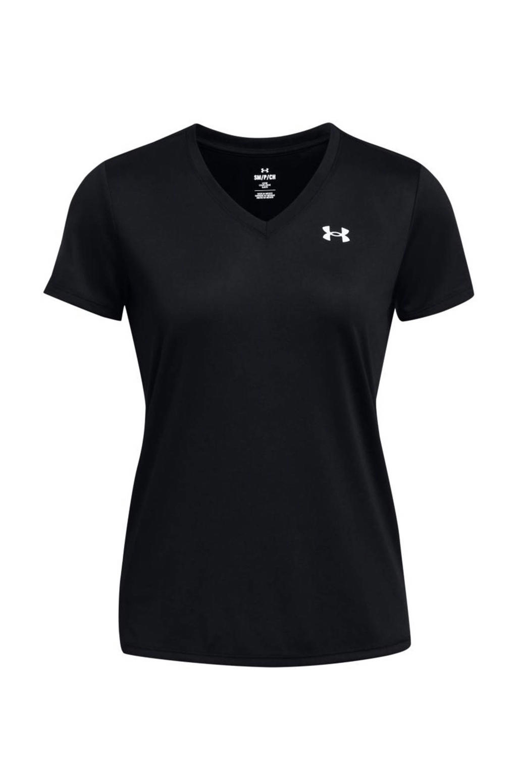 Zwart en witte dames Under Armour Tech sportshirt van polyester met effen, korte mouwen en V-hals