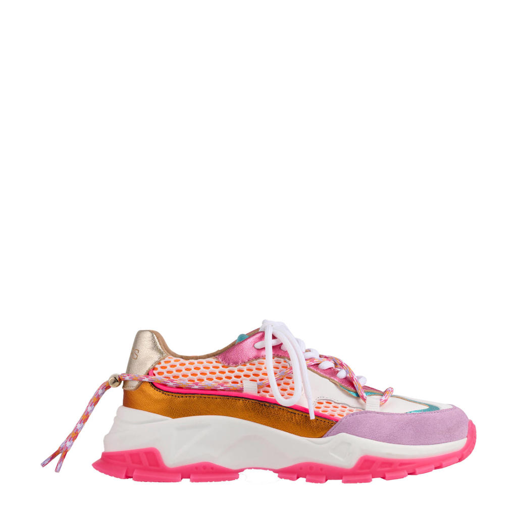 Roze, lila en oranje dames DWRS Bonney chunky leren sneakers met veters