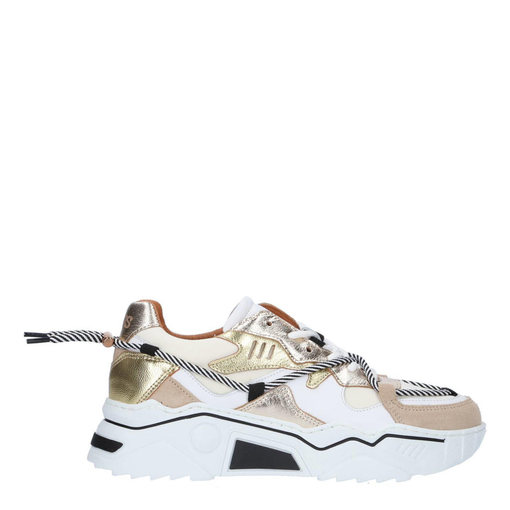 Wit en champagne dames DWRS Jupiter chunky leren sneakers met veters