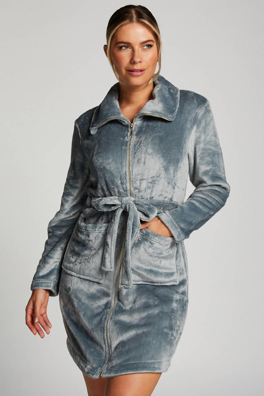 Hunkemöller fleece badjas met ritssluiting ijsblauw