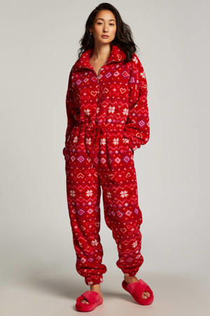 fleece onesie met ritssluiting en kerst print rood