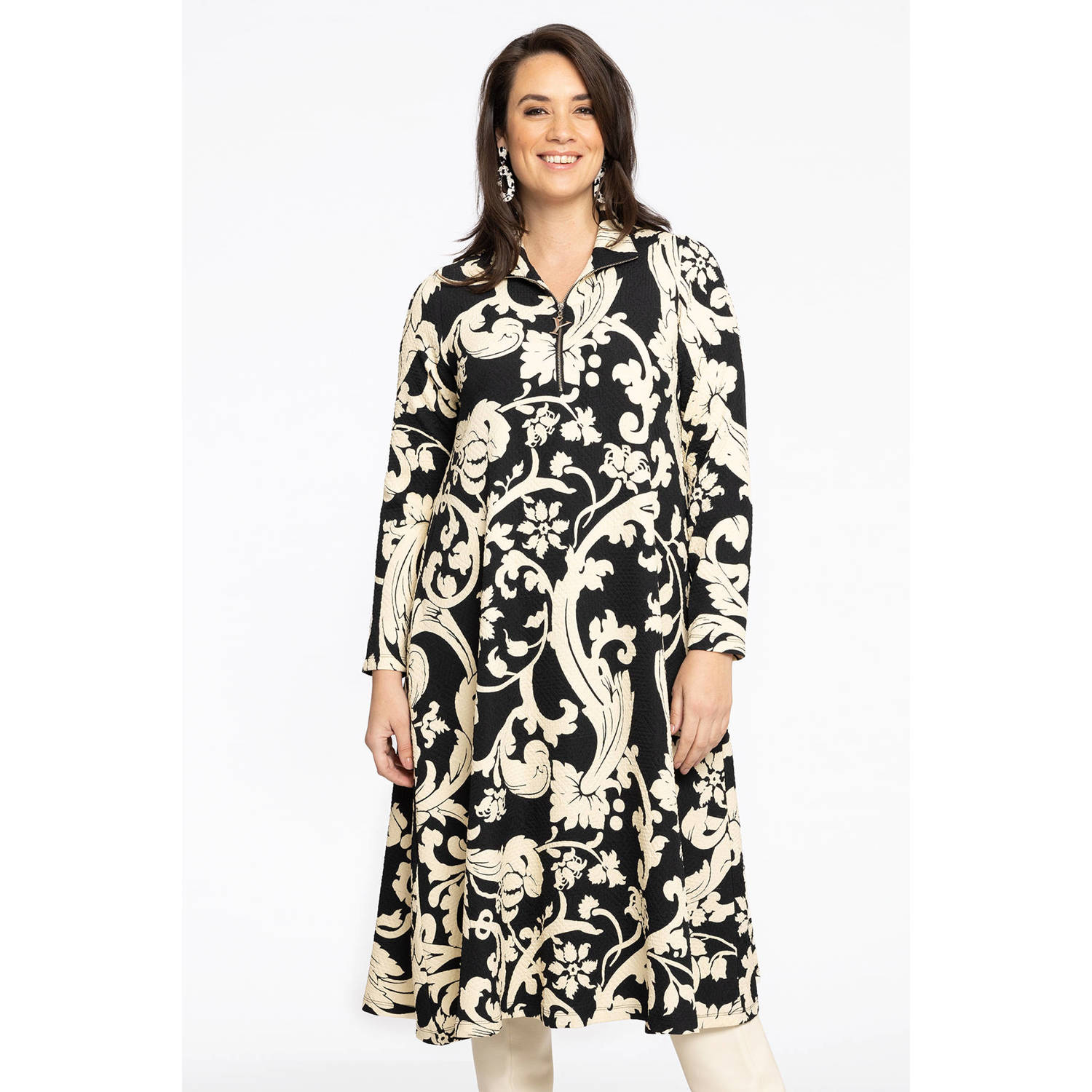 YOEK A-lijn jurk met all over print zwart beige