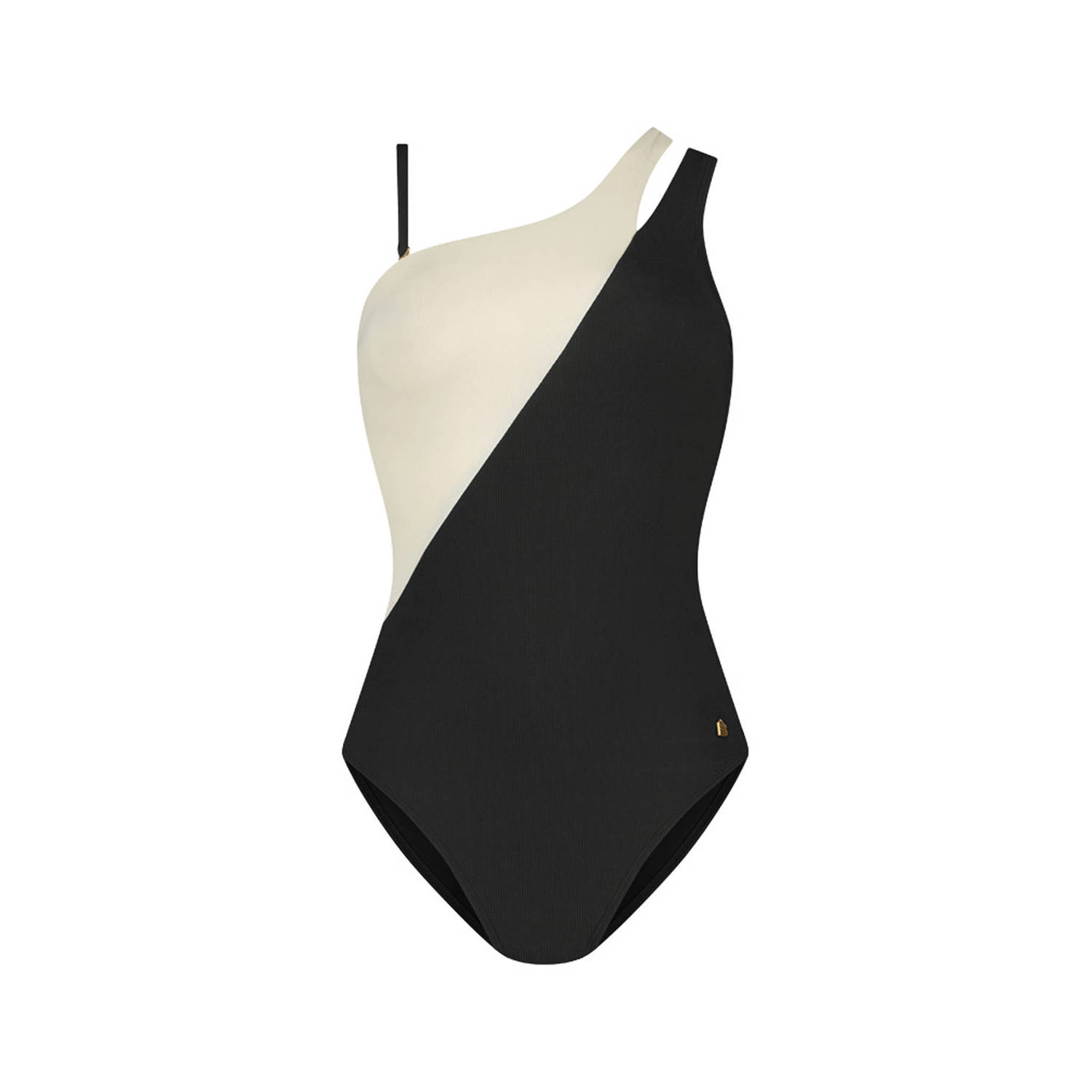Beachlife one shoulder badpak met ribstructuur zwart ecru