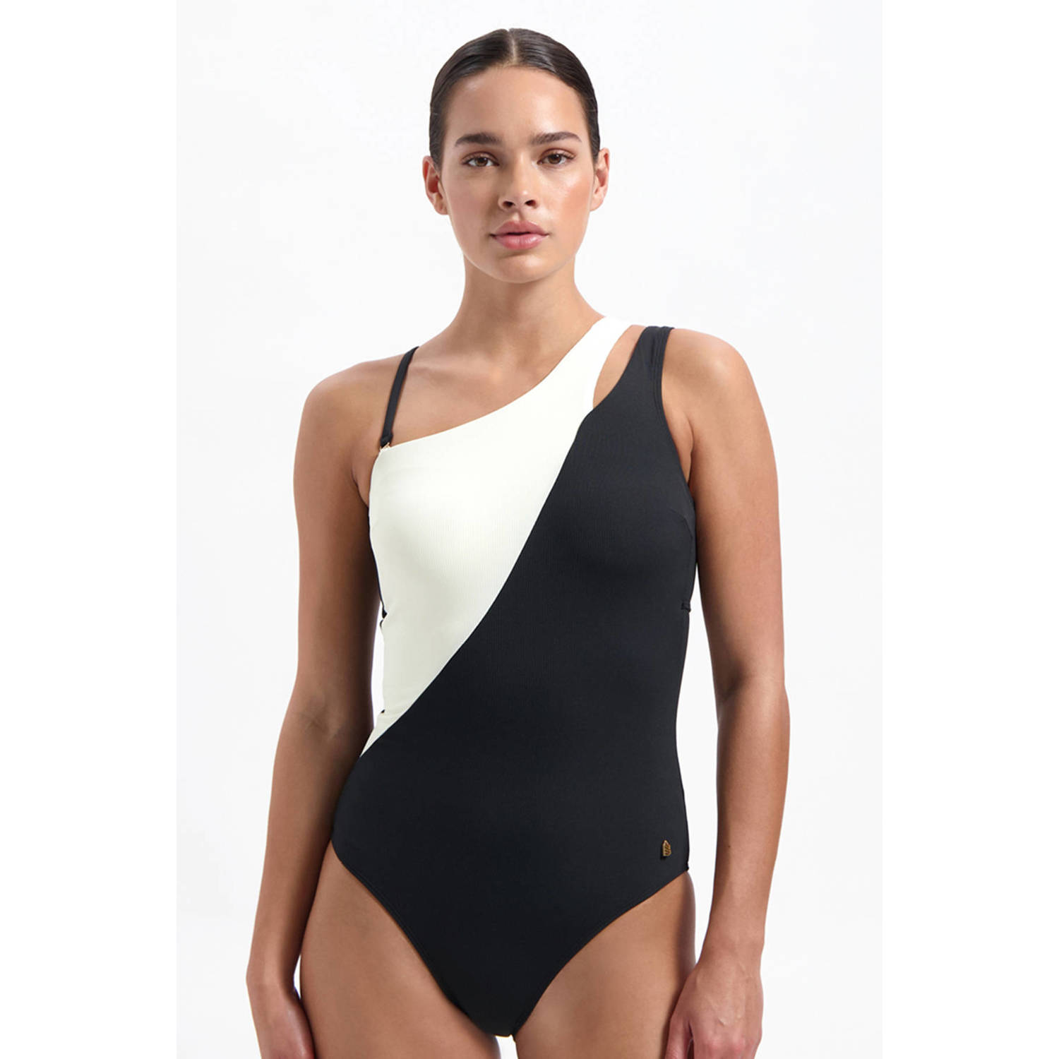 Beachlife one shoulder badpak met ribstructuur zwart ecru