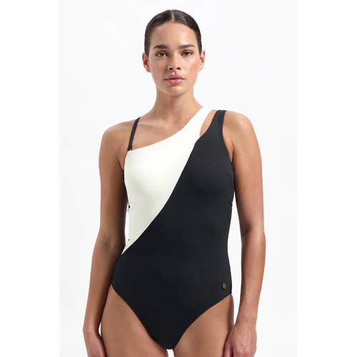 Beachlife one shoulder badpak met ribstructuur zwart/ecru afbeelding