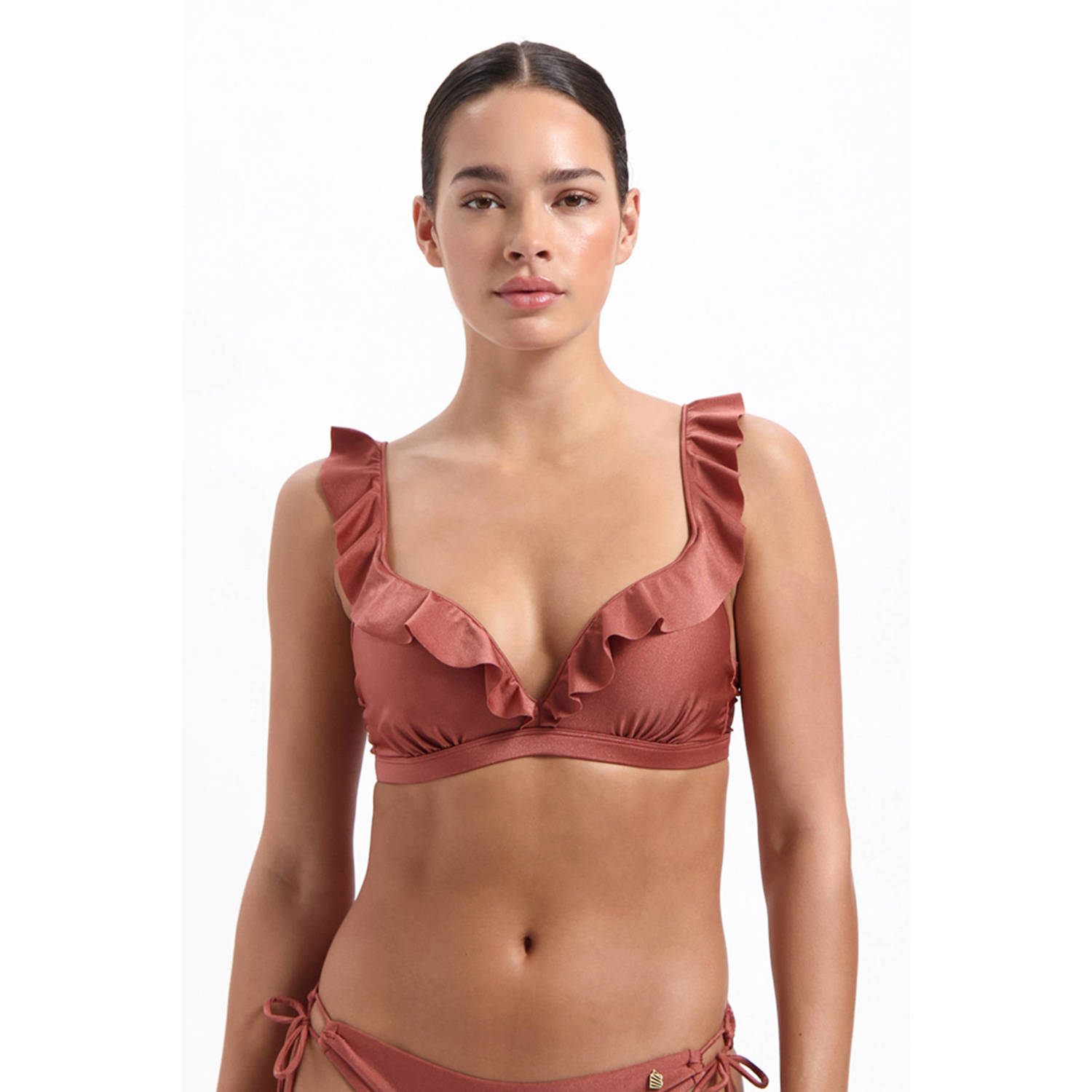 Beachlife voorgevormde beugel bikinitop met ruches bruin