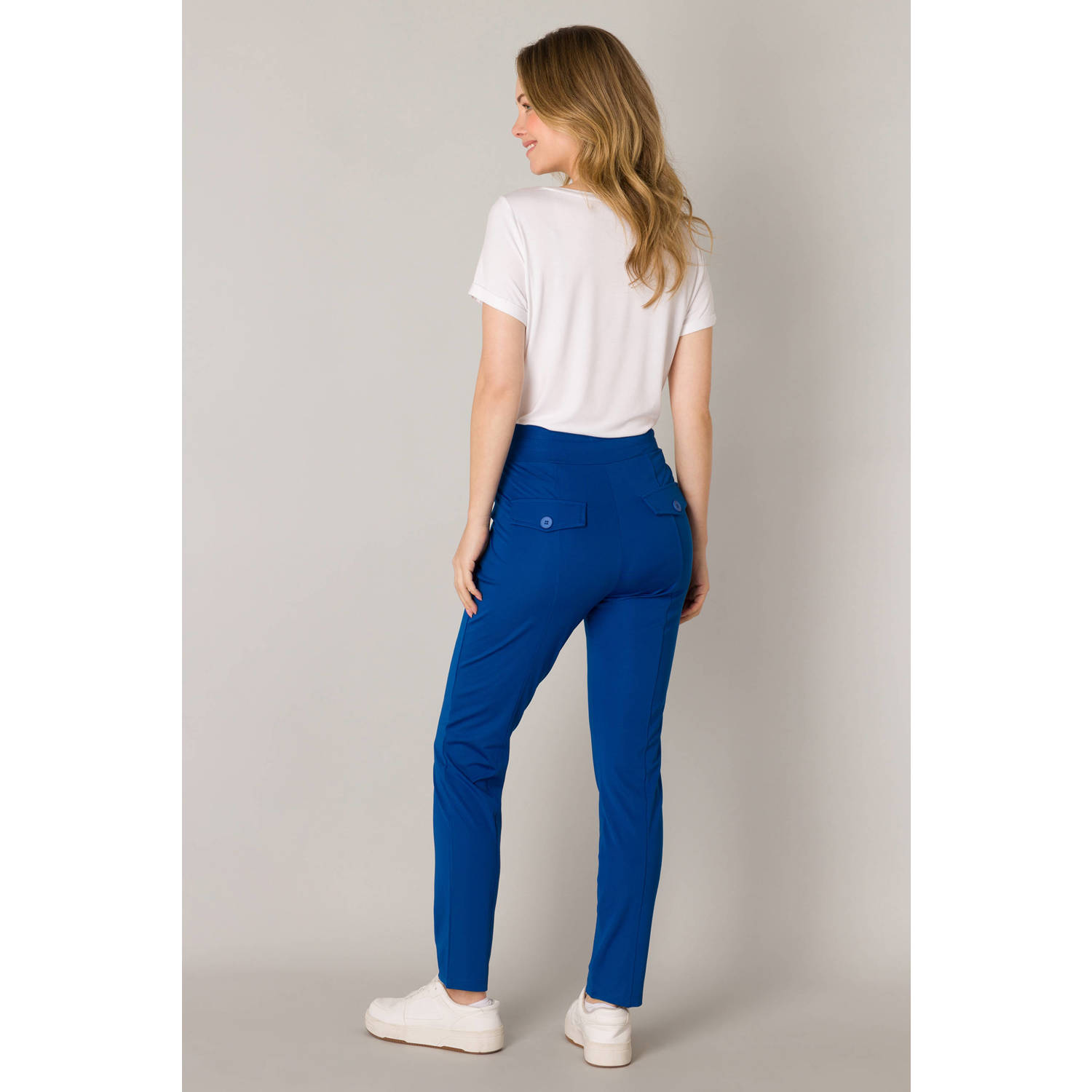 ES&SY high waist slim fit broek van travelstof blauw