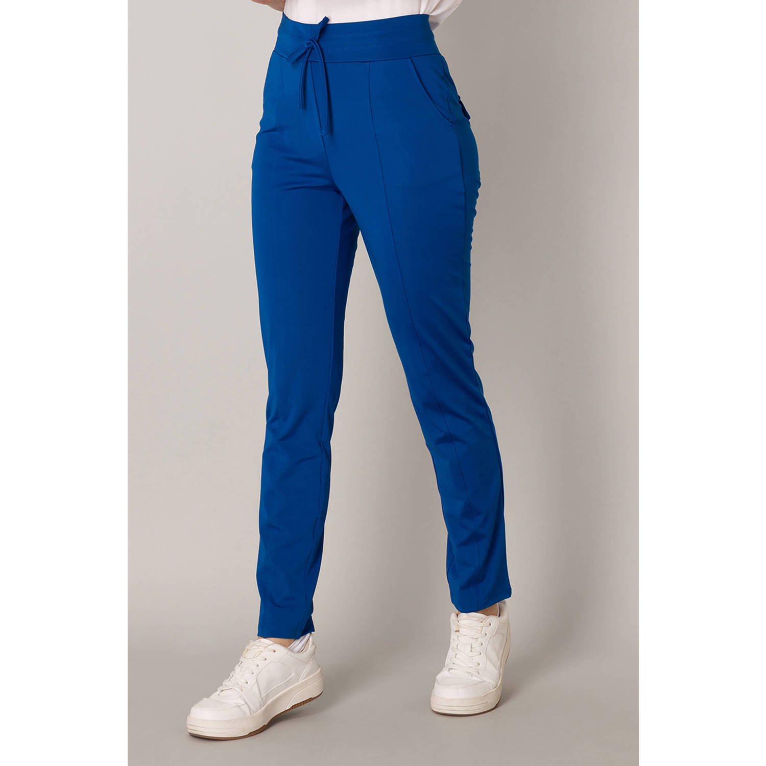 ES&SY high waist slim fit broek van travelstof blauw