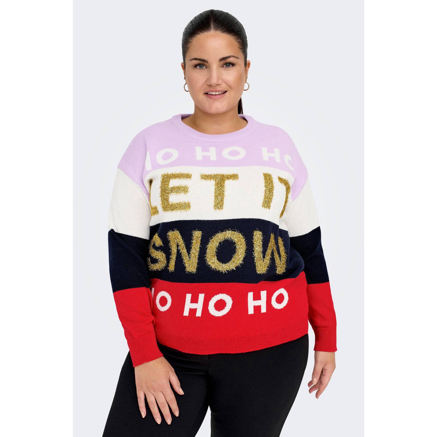ONLY CARMAKOMA kersttrui CARXMAS SNOW met all over print blauw rood lilac
