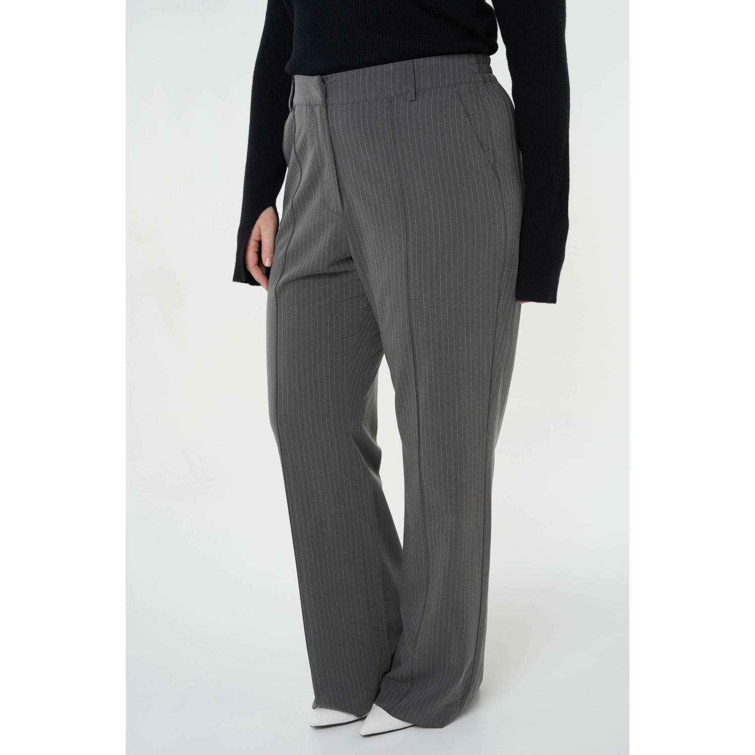 MS Mode gestreepte high waist wide leg pantalon grijs