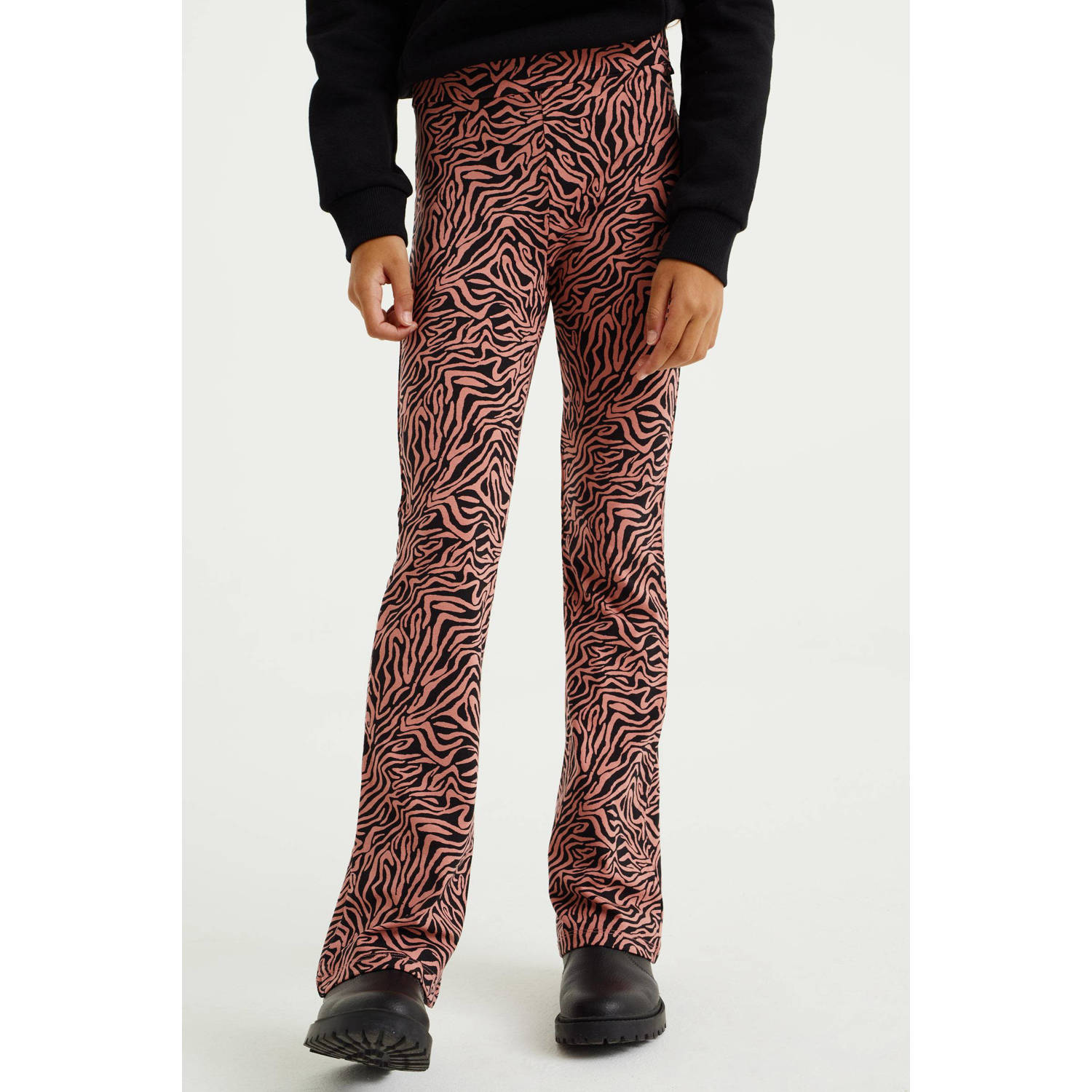 WE Fashion flared broek met all over print roze zwart Meisjes Viscose All over print 104