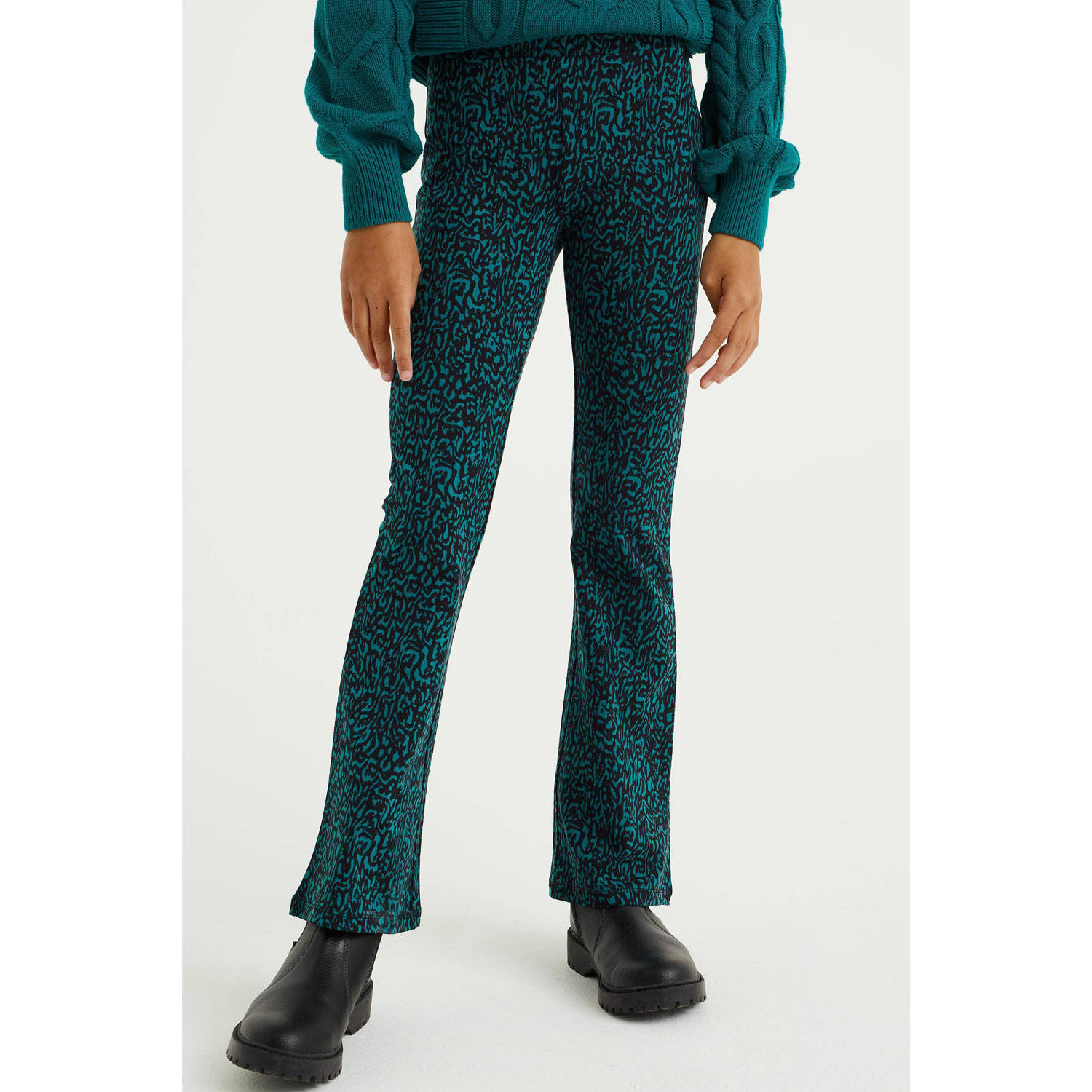 WE Fashion flared broek met all over print groen zwart Meisjes Viscose 104