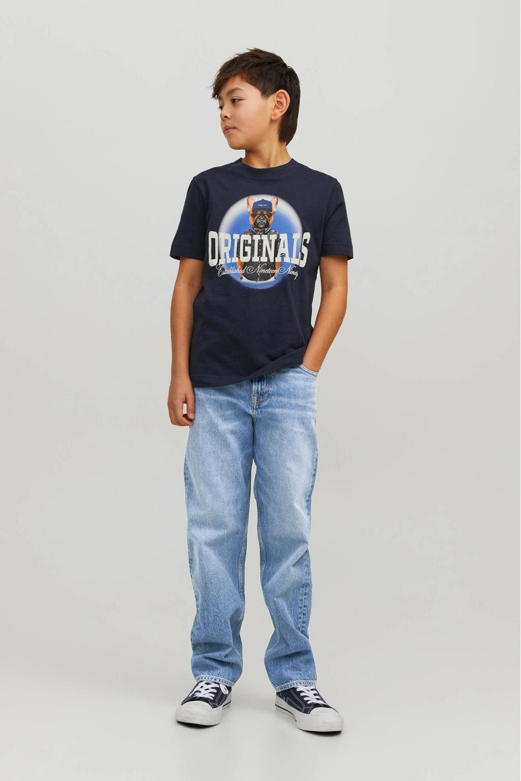 Light blue denim jongens JACK & JONES JUNIOR high waist loose fit jeans blue van denim met knoopsluiting