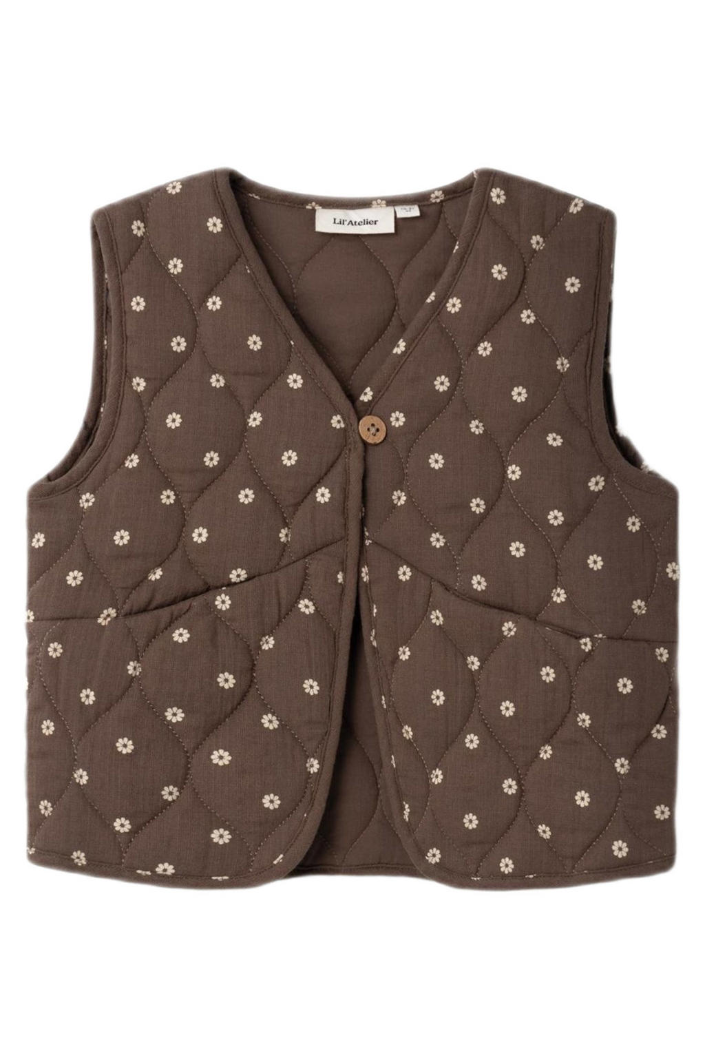 Bruin en beige meisjes LIL' ATELIER MINI gebloemd gilet van biologisch katoen met V-hals en knoopsluiting