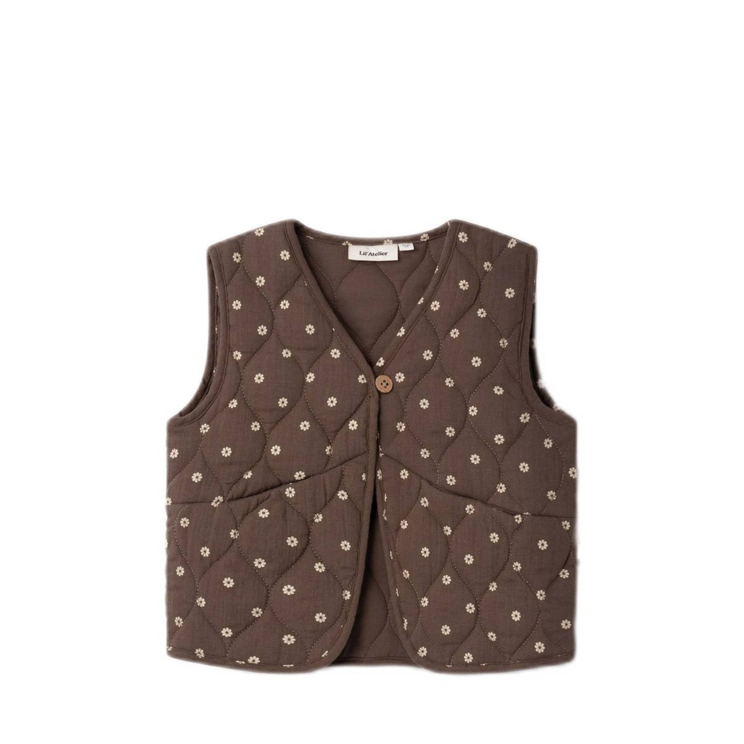 LIL' ATELIER MINI gebloemd gilet van biologisch katoen bruin beige