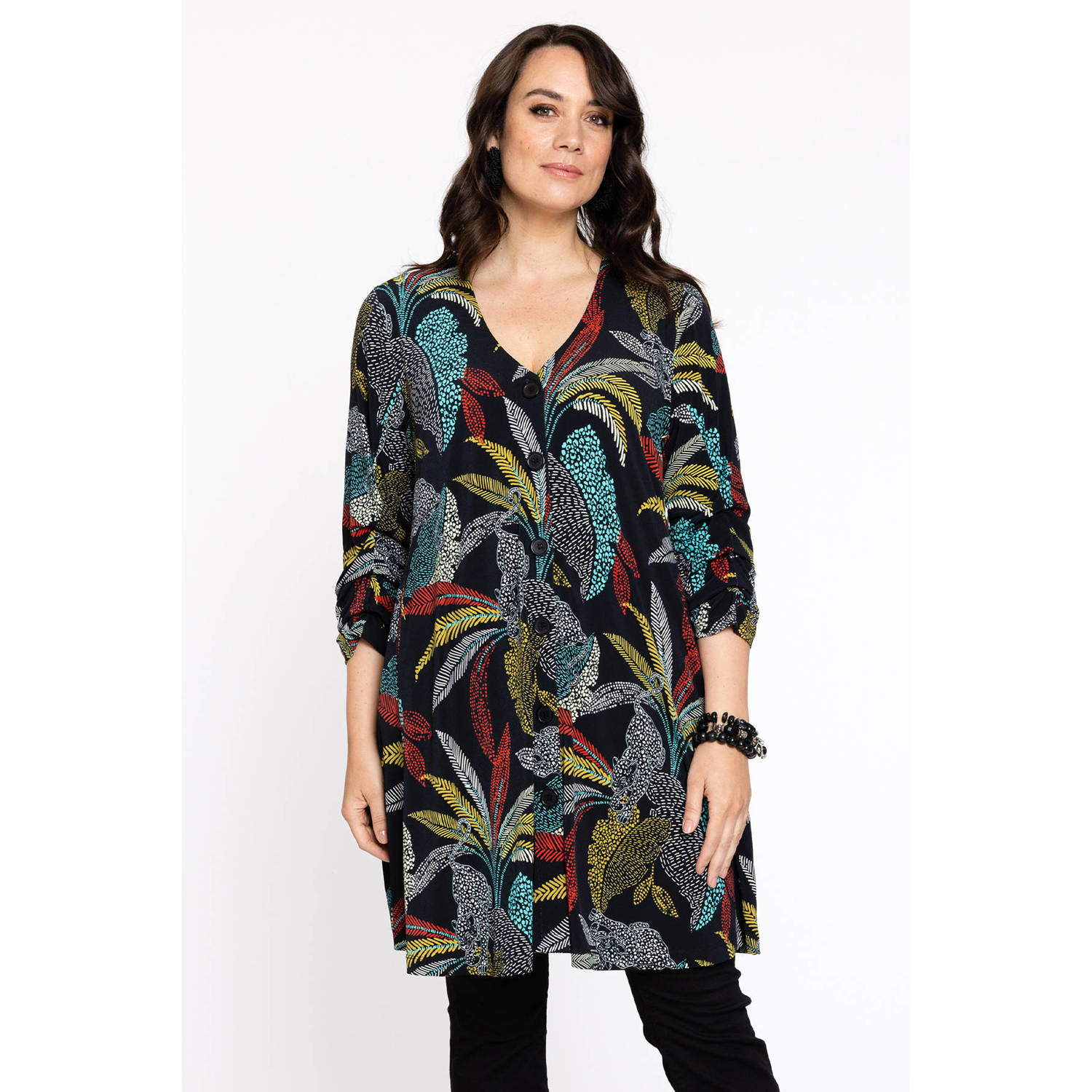 YOEK vest DOLCE van travelstof met all over print zwart geel rood