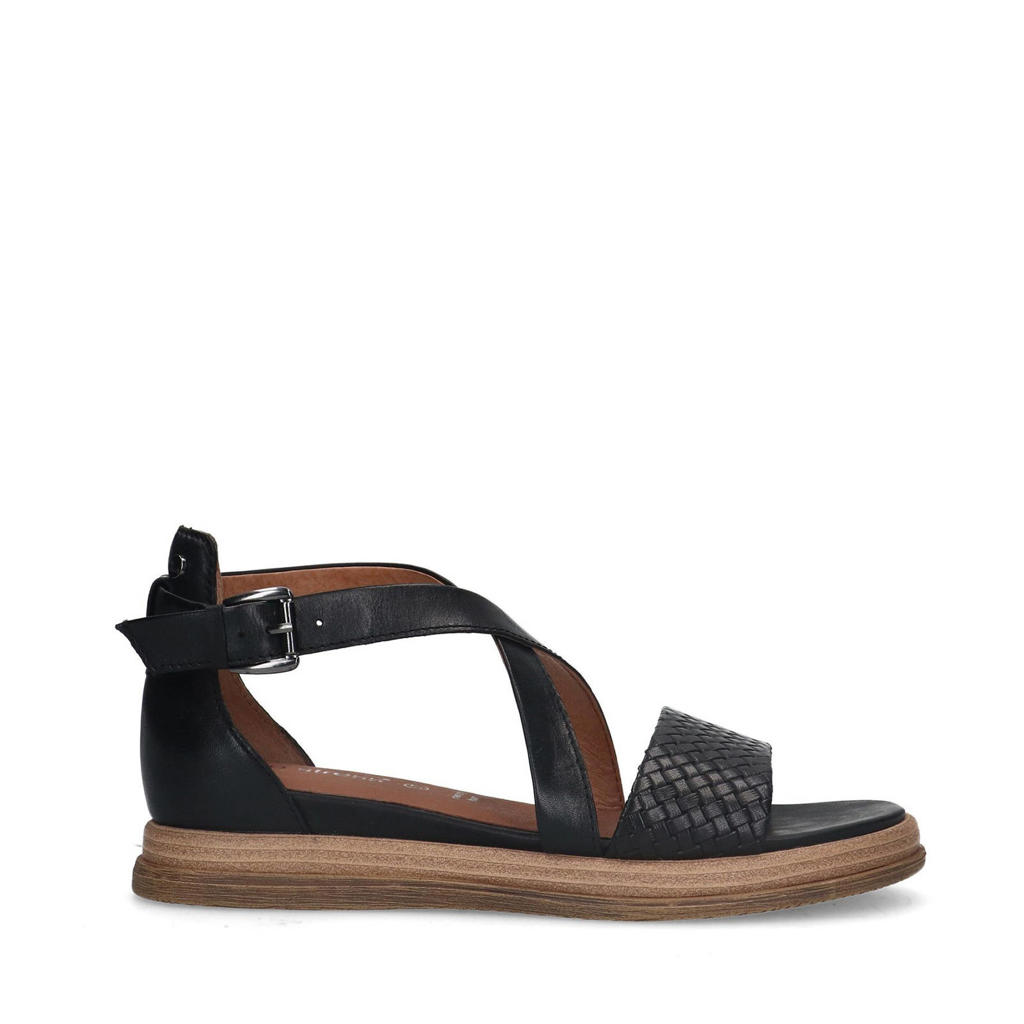 Zwarte dames No Stress leren sandalen met gesp