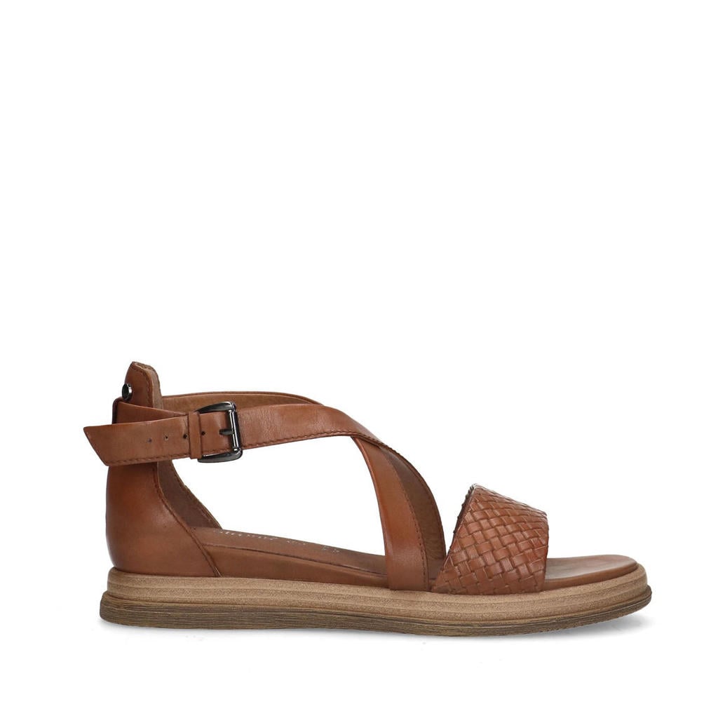 Cognackleurige dames No Stress leren sandalen met gesp