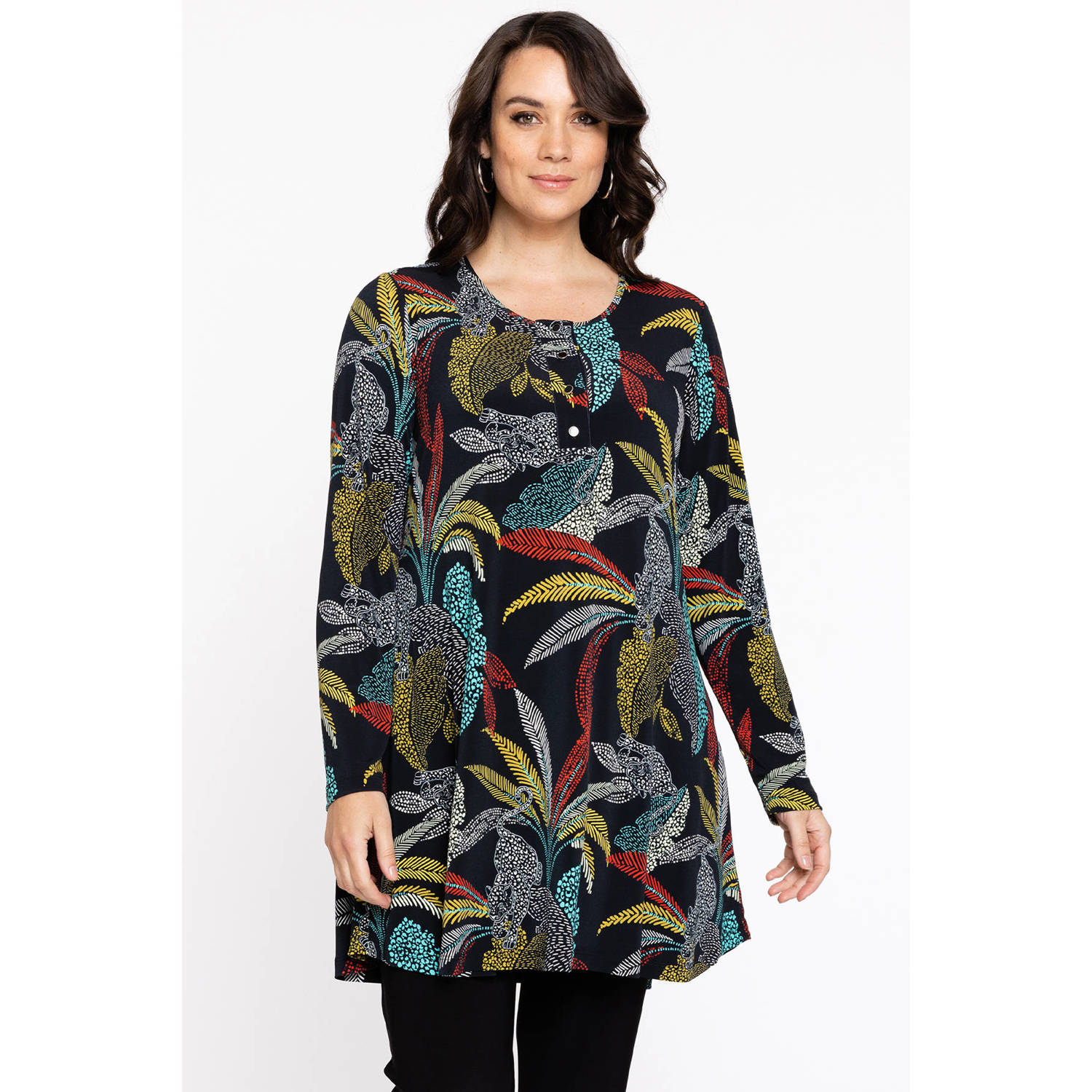 Yoek tuniek DOLCE van travelstof met all over print zwart geel rood