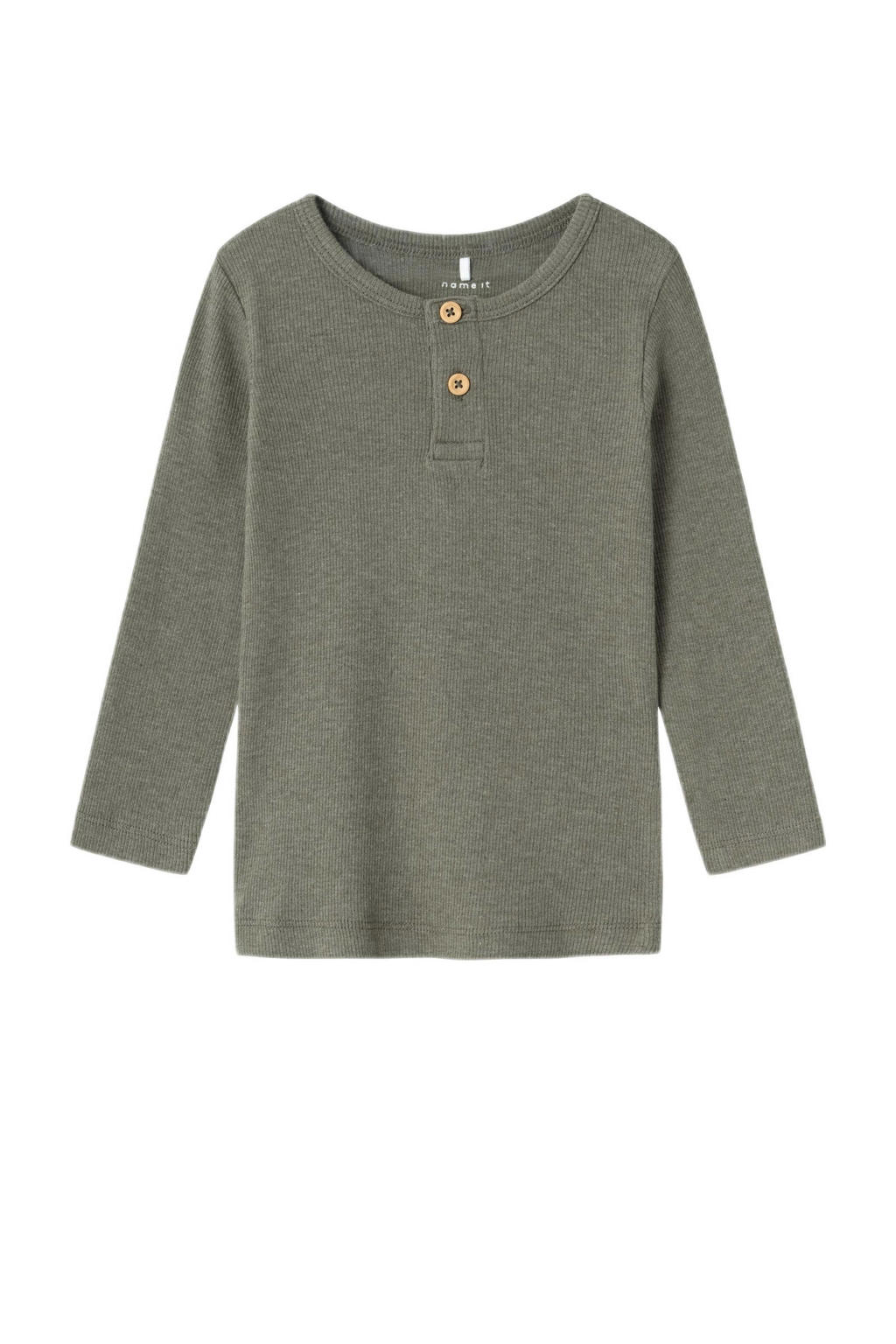 Olijfgroene jongens NAME IT MINI longsleeve van stretchkatoen met effen, lange mouwen, ronde hals, knoopsluiting en sierknopen