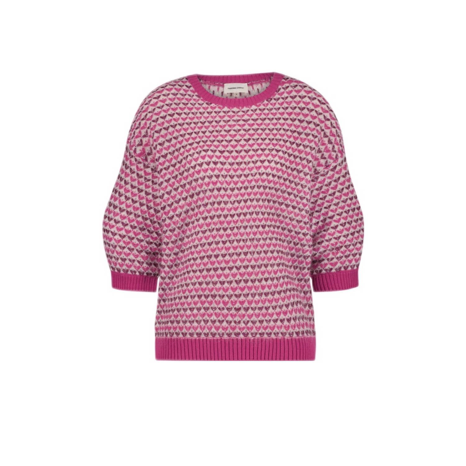 Fabienne Chapot gebreide trui Rose met wol en hartjes roze donkerroze ecru