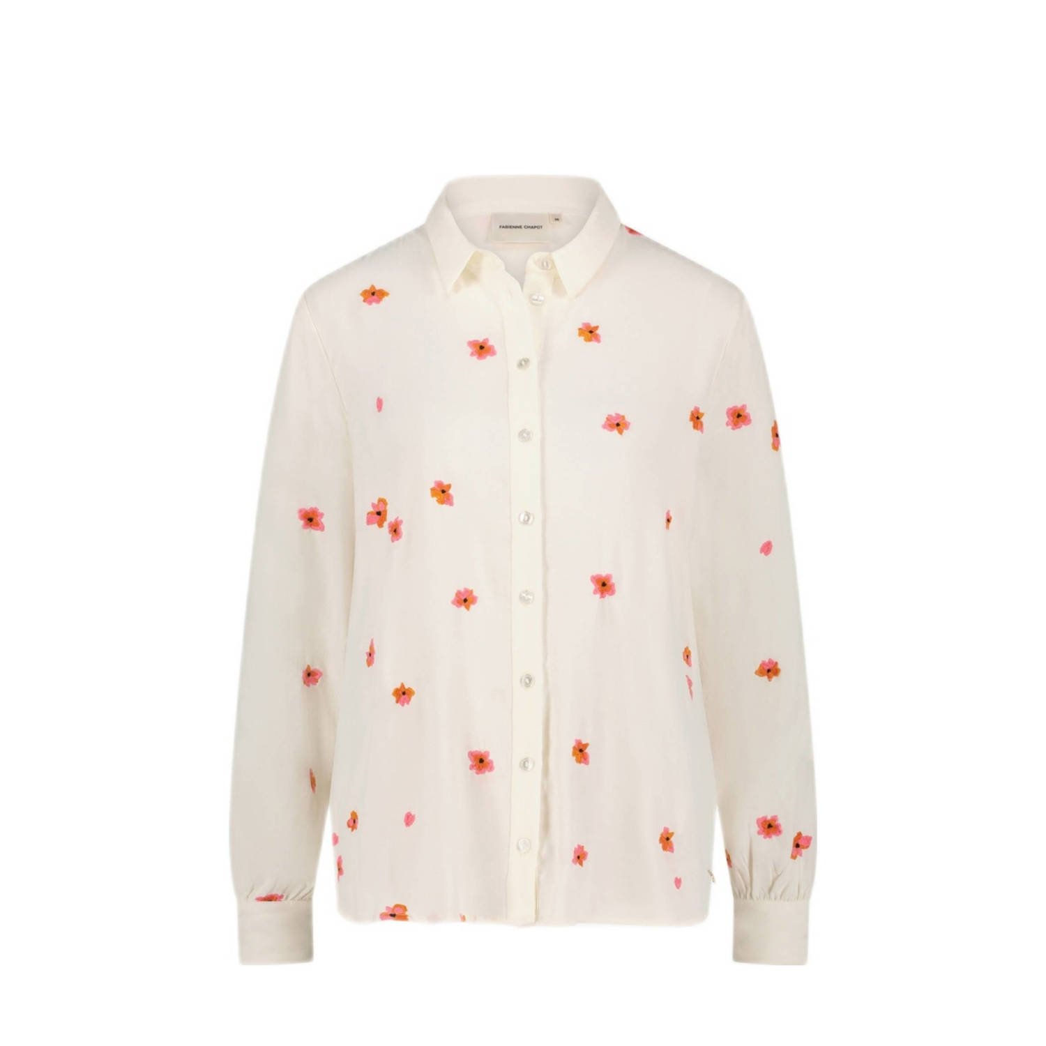 Fabienne Chapot blouse met all over print en borduursels creme roze oranje