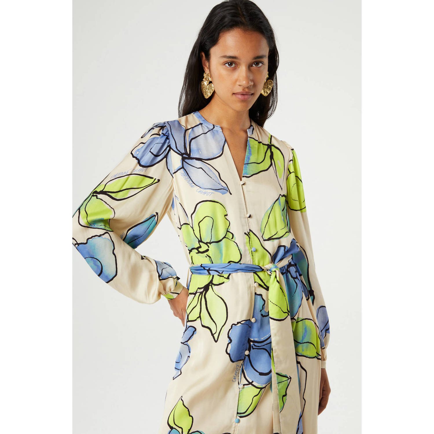 Fabienne Chapot gebloemde maxi blousejurk Erina ecru limegroen blauw