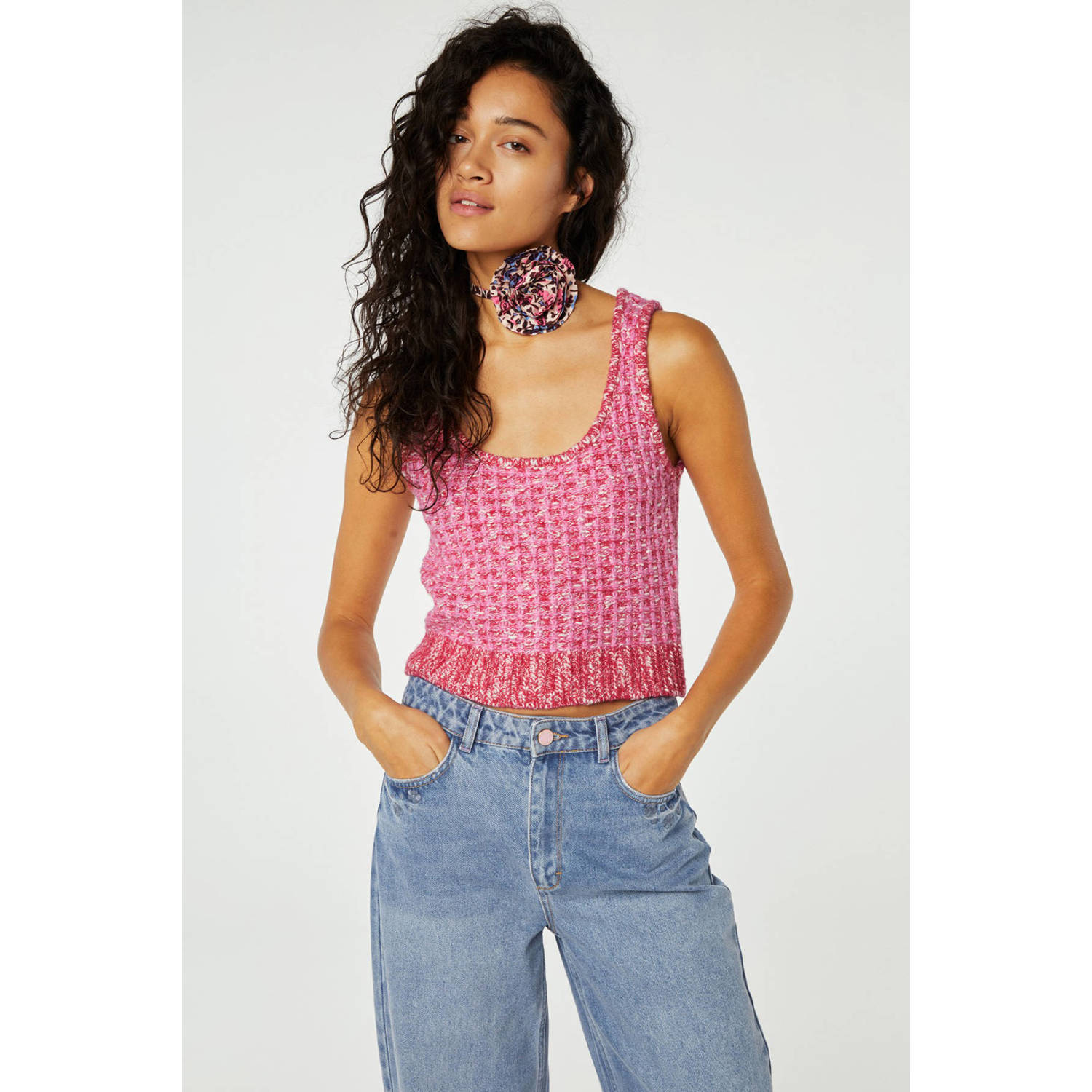 Fabienne Chapot gebreide tweed crop top Josh roze ecru donkerroze
