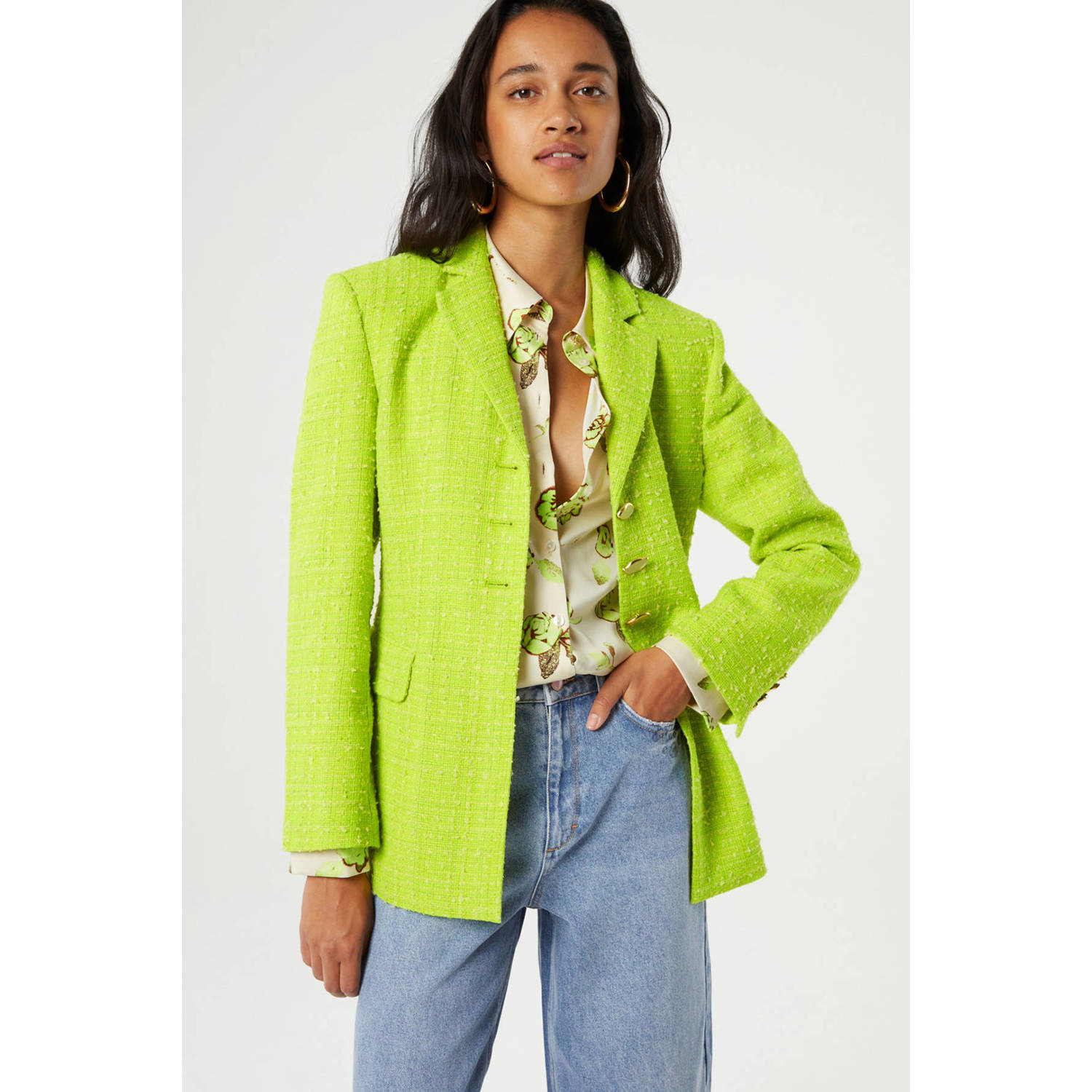 Fabienne Chapot tweed getailleerde blazer Cher limegroen