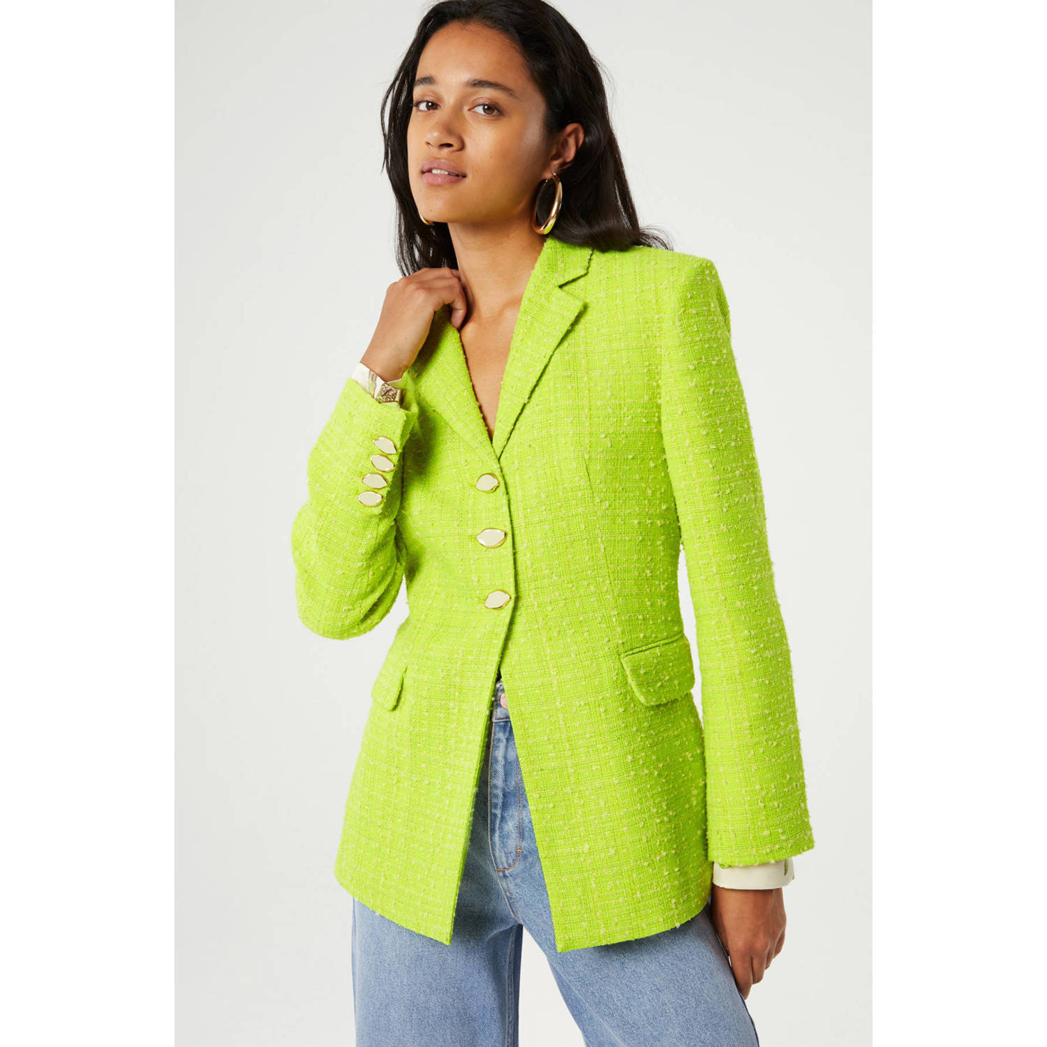 Fabienne Chapot tweed getailleerde blazer Cher limegroen