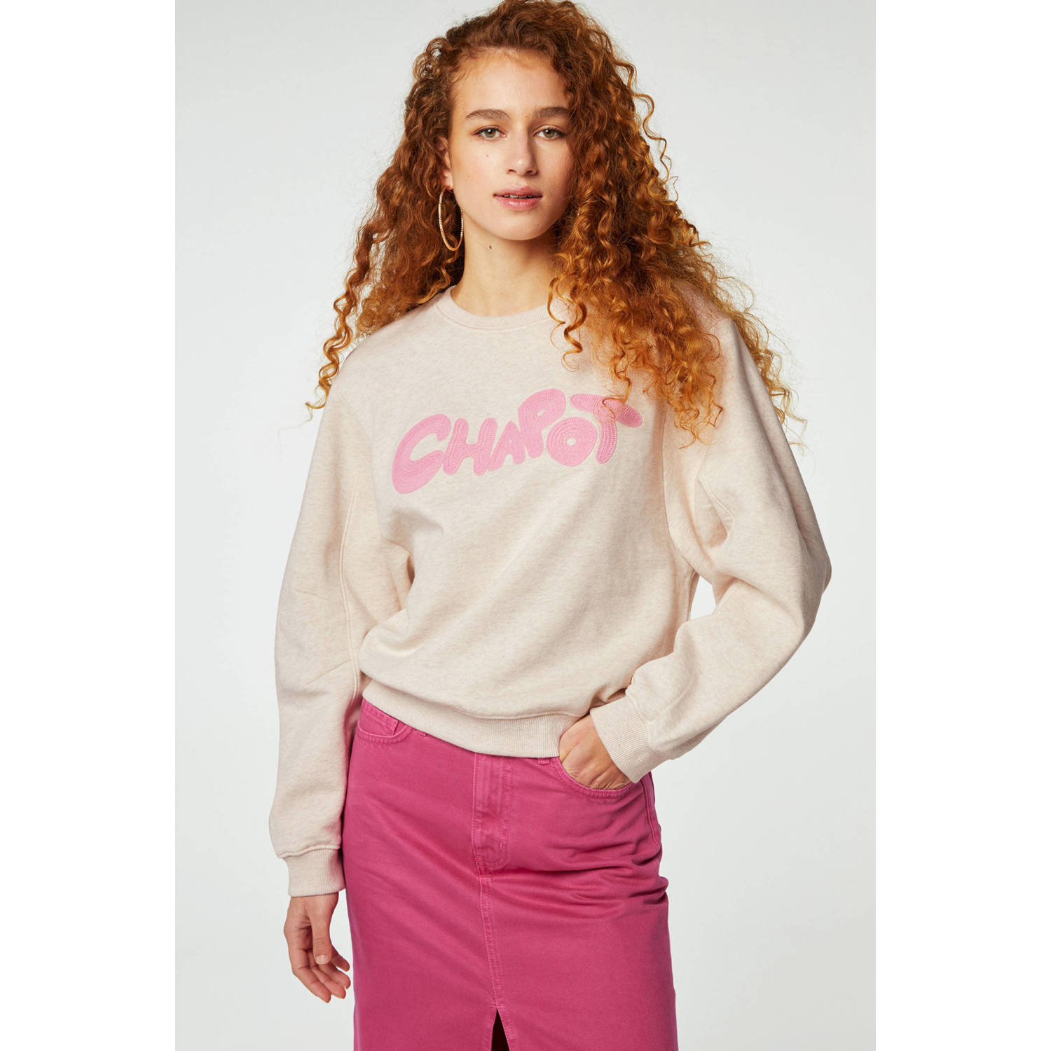 Fabienne Chapot sweater Pam met printopdruk en borduursels grijs roze