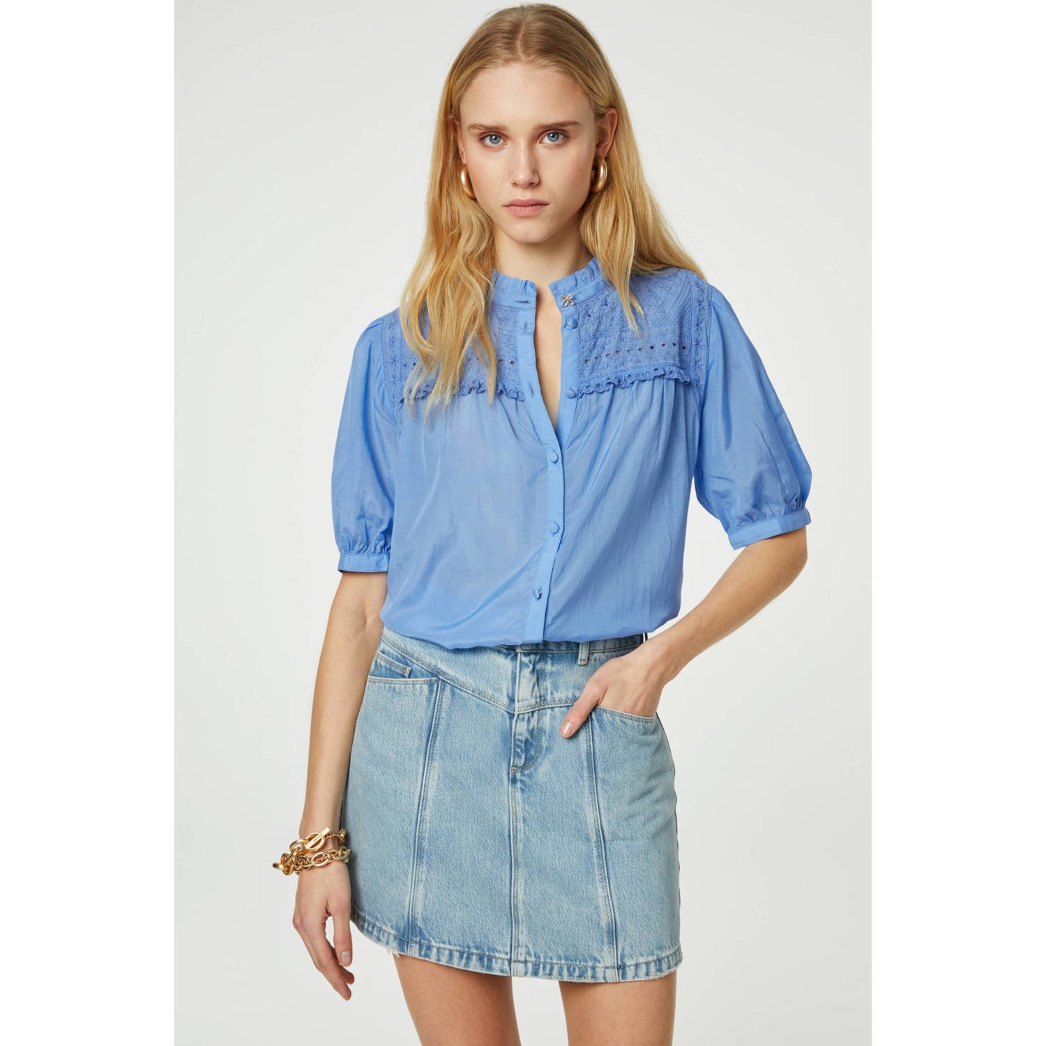 Fabienne Chapot Blouse met pofmouwen en ruchedetail Blue Dames