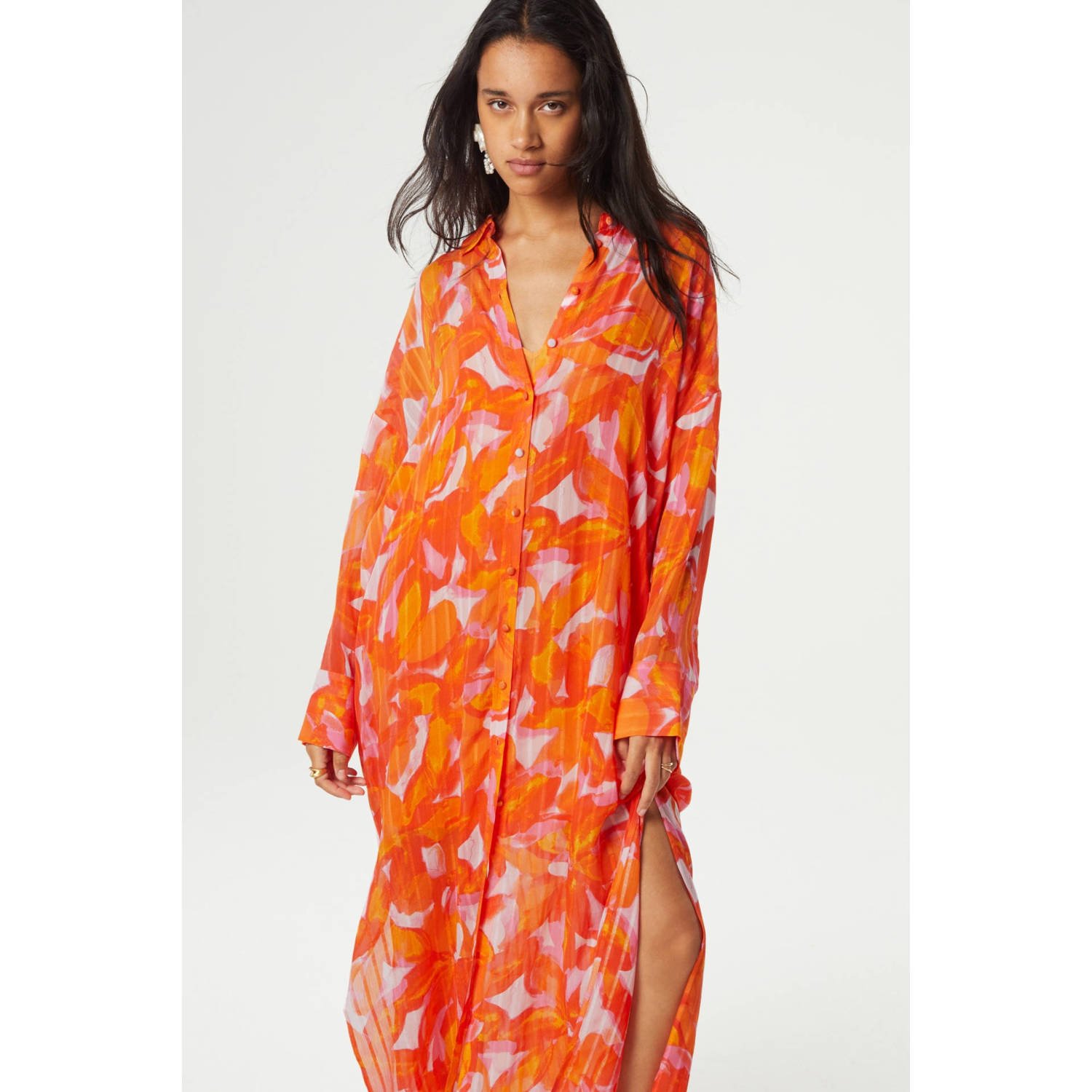 Fabienne Chapot maxi blousejurk met all over print oranje roze geel