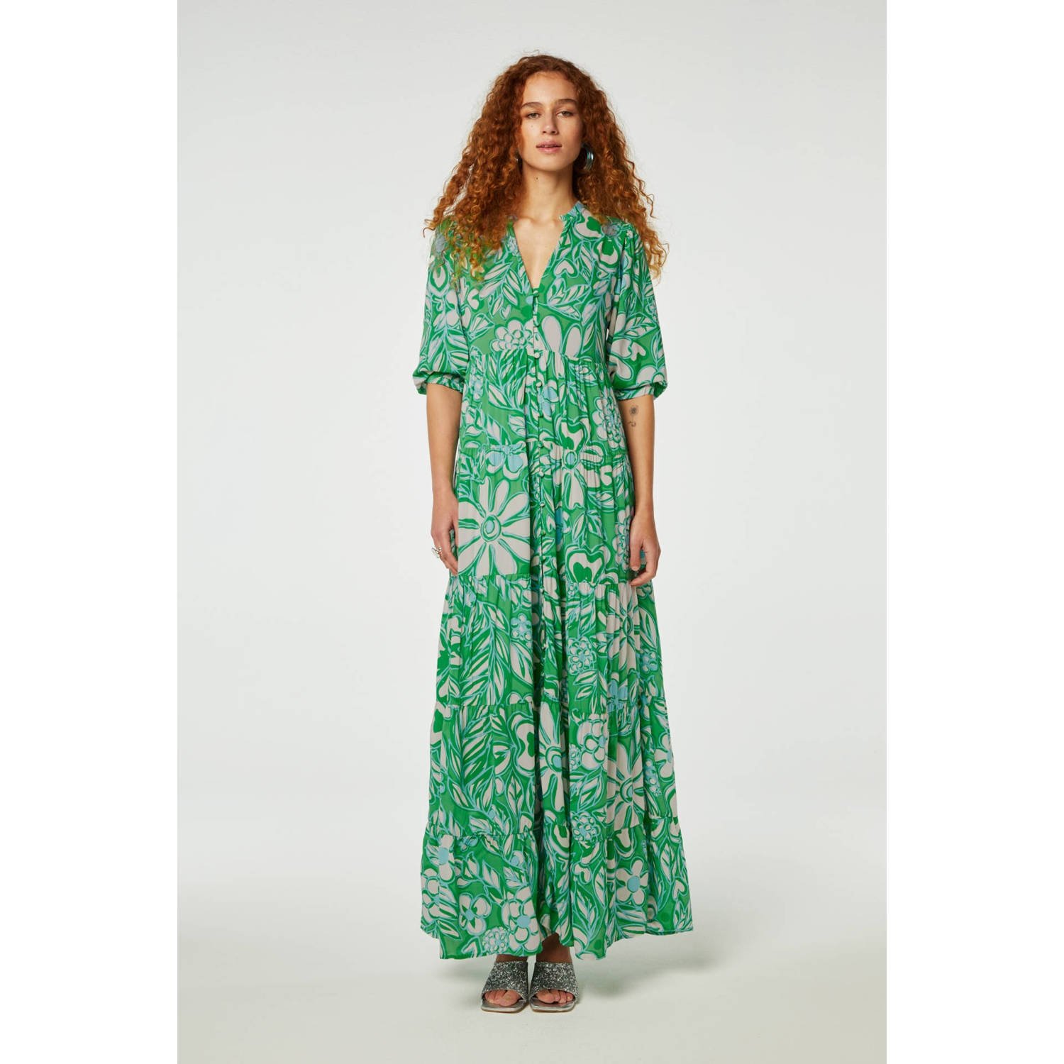 Fabienne Chapot maxi jurk met all over print groen crème