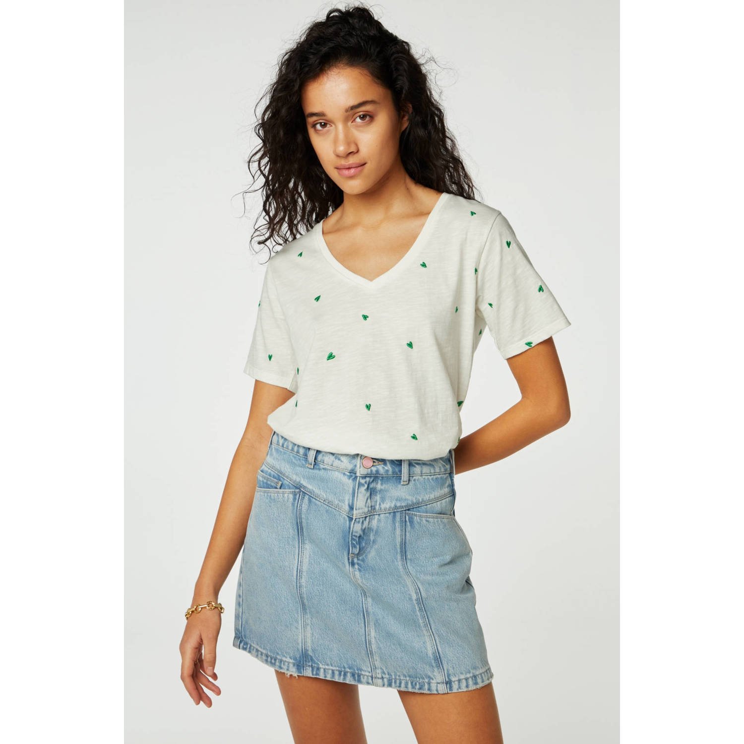 Fabienne Chapot T-shirt met hartjes en borduursels crème groen