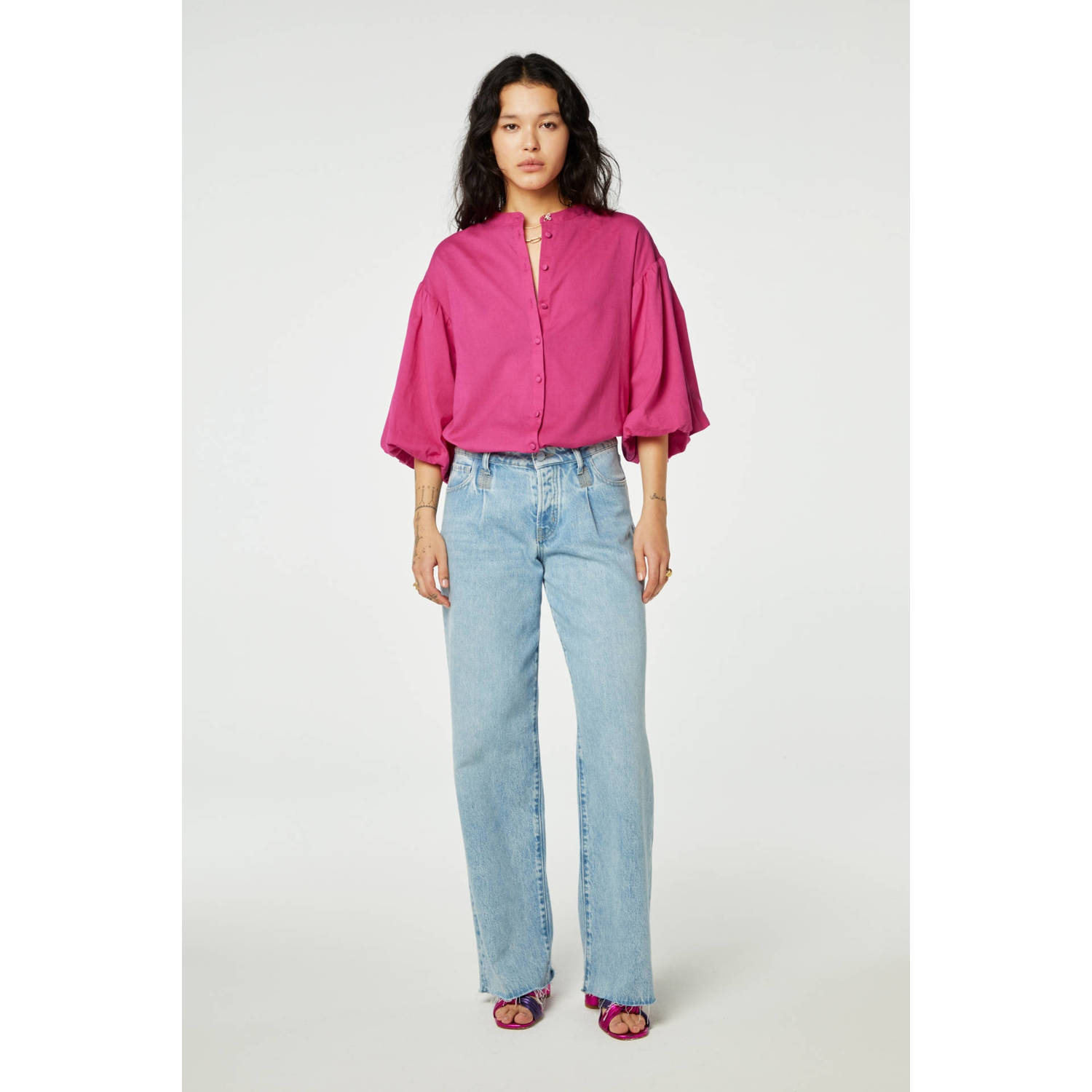 Fabienne Chapot Blouse met knoopsluiting en flared mouwen Pink Dames