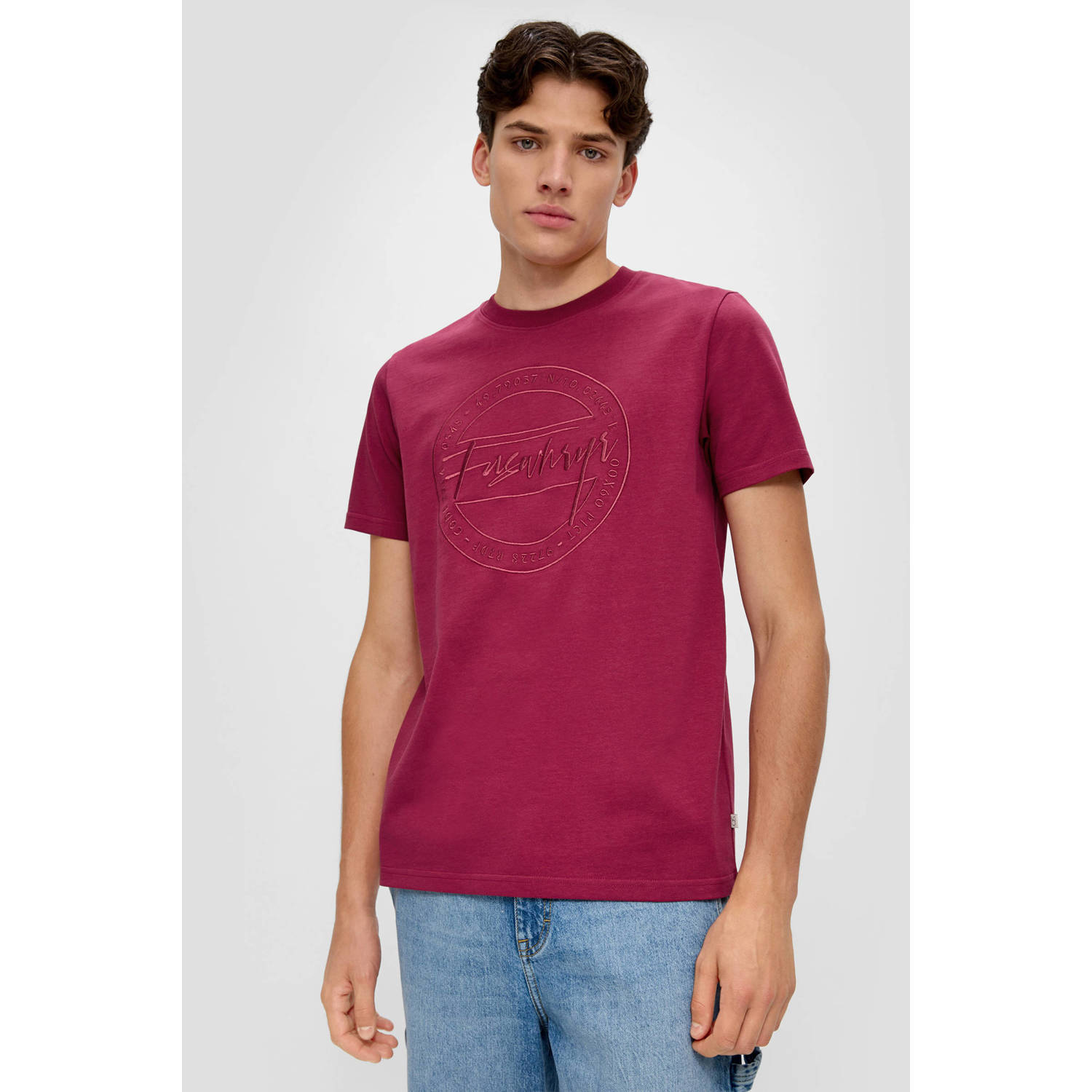 Q S by s.Oliver regular fit T-shirt met printopdruk en borduursels roze