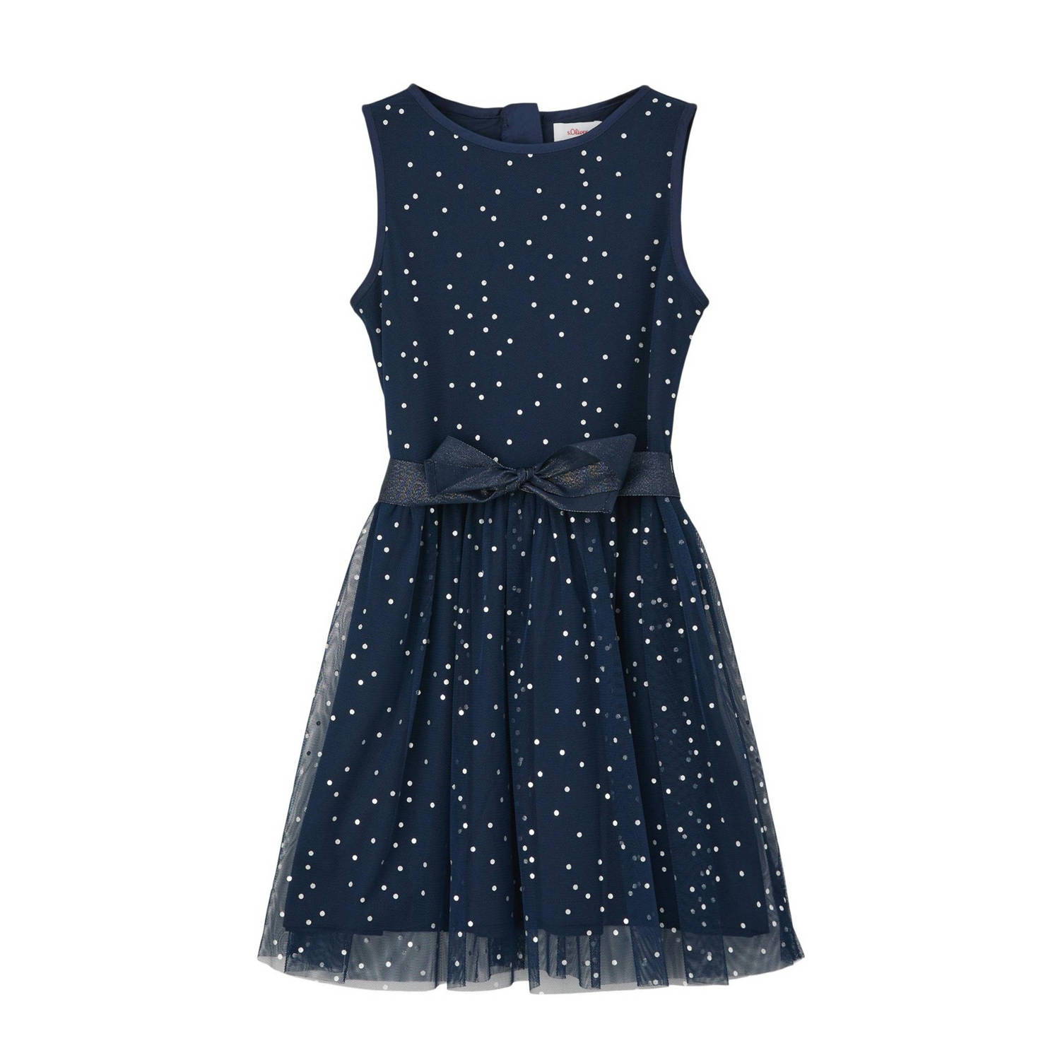 S.Oliver jurk met stippen en mesh donkerblauw Meisjes Polyester Ronde hals 104