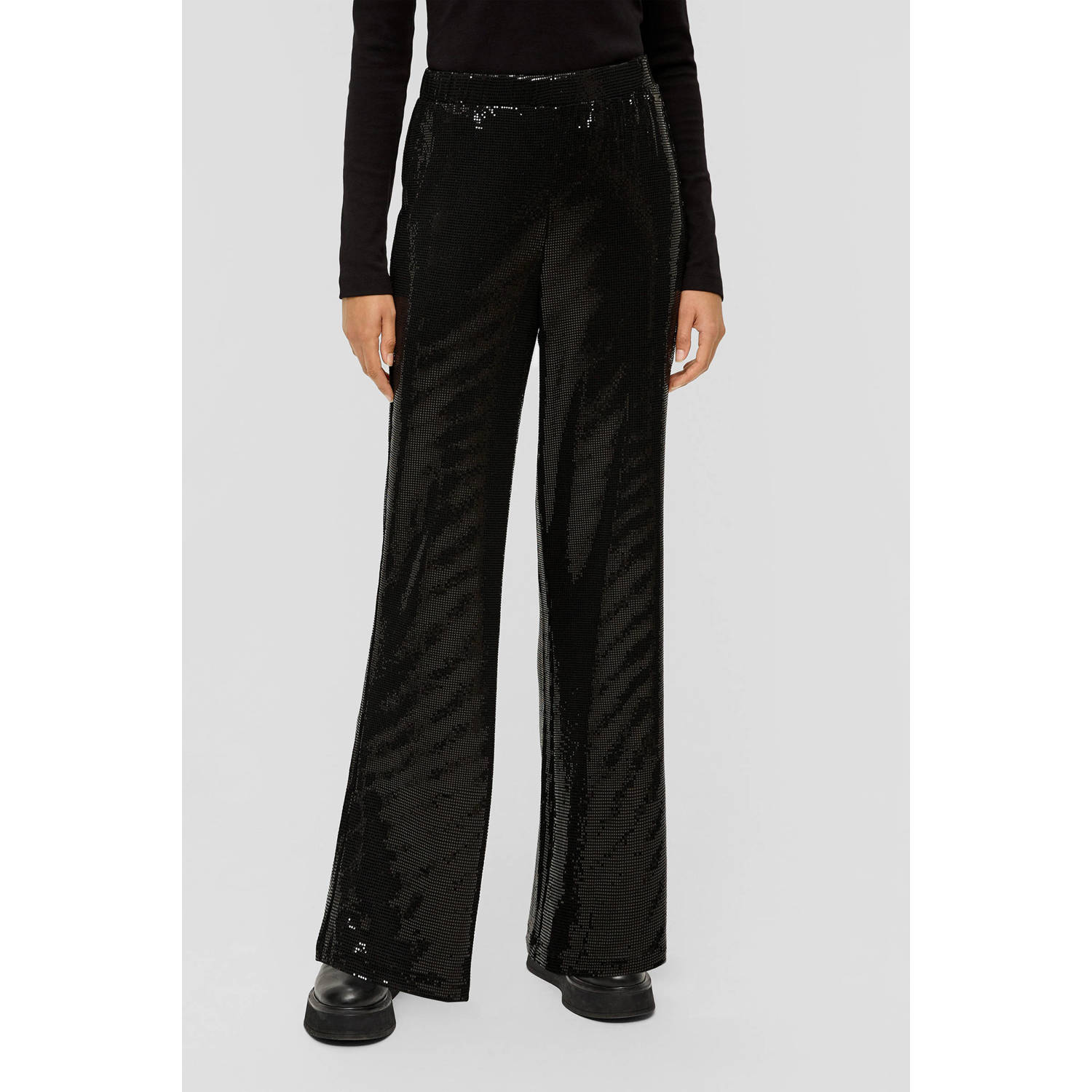 Q S by s.Oliver high waist straight fit pantalon met pailletten zwart