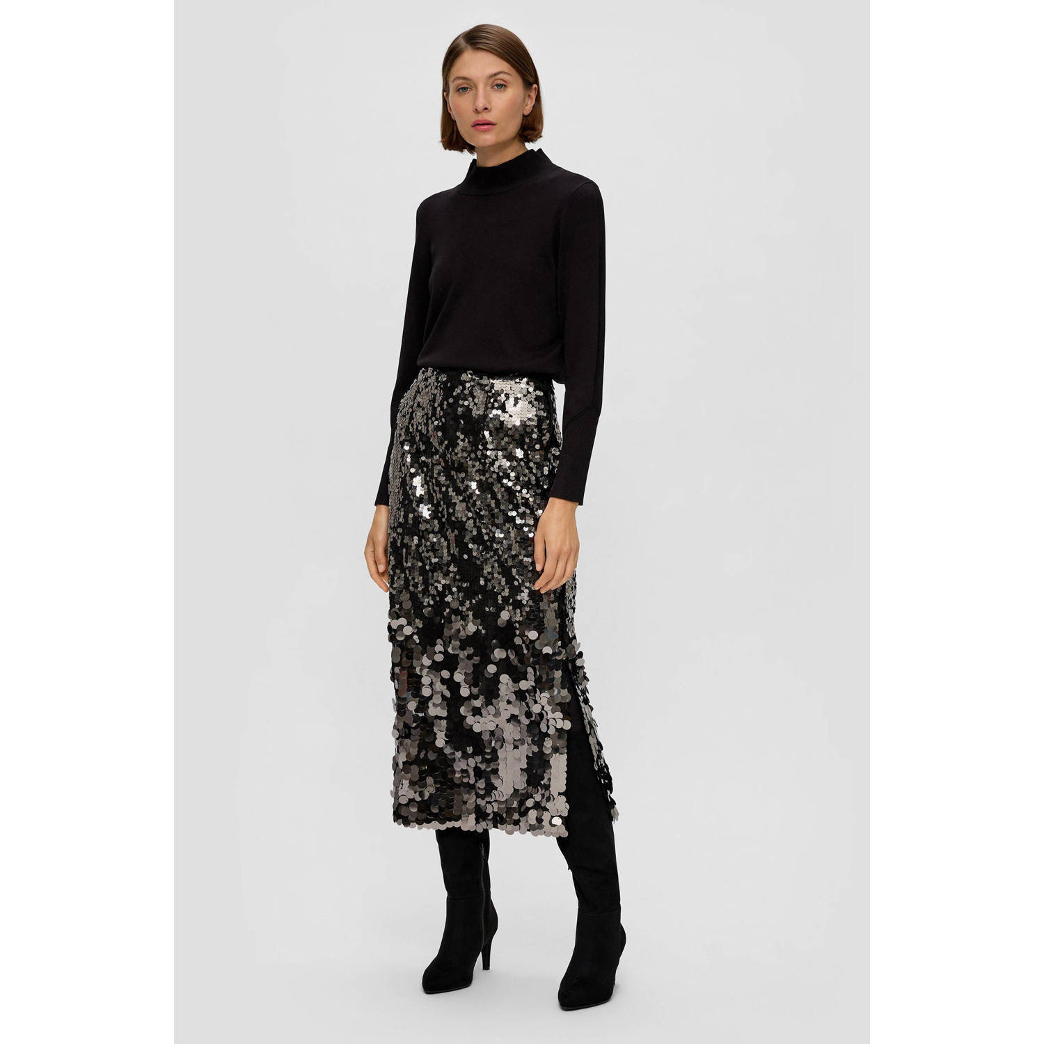 S.Oliver BLACK LABEL metallic midi rok met pailletten zilver zwart