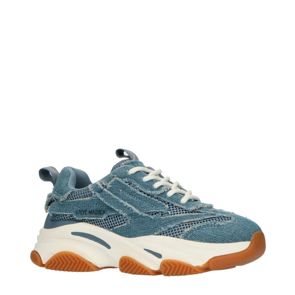 Blauwe meisjes Steve Madden JPossession chunky sneakers denimblauw van textiel met veters
