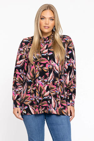 gebloemde blouse DOLCE van travelstof zwart/roze/bruin