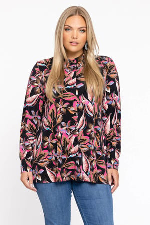 gebloemde blouse DOLCE van travelstof zwart/roze/bruin