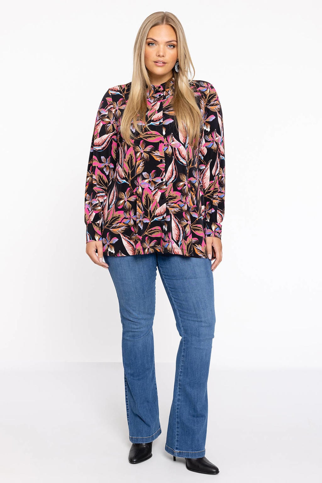 YOEK gebloemde blouse DOLCE van travelstof zwart/roze/bruin