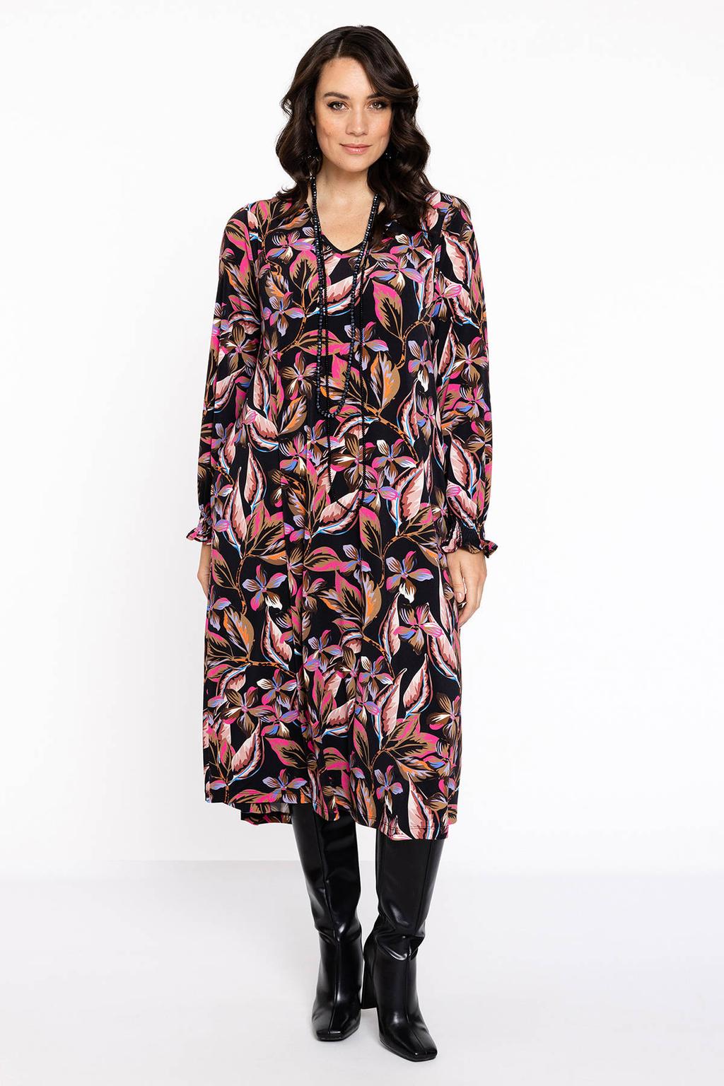 YOEK gebloemde jurk DOLCE van travelstof zwart/roze/bruin